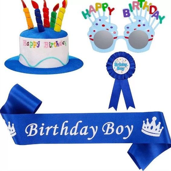 4-piece Blue Plush Birthday Cake Hat Set - Novelty Party Accessory with Matching Glasses and Medals and Shoulder Straps, Fun Photo Prop for Adults and Kids - Image 1