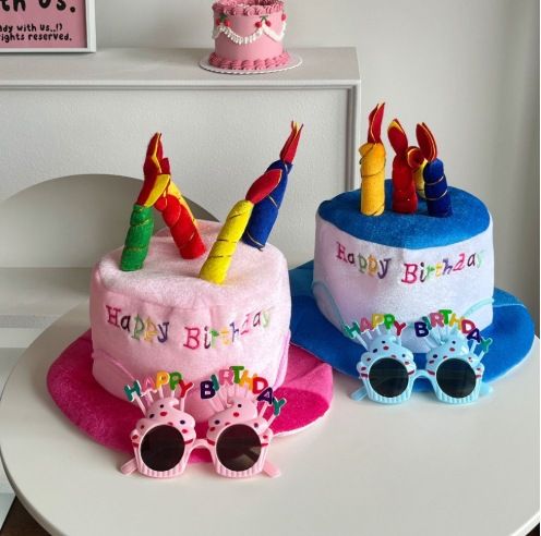 4-piece Blue Plush Birthday Cake Hat Set - Novelty Party Accessory with Matching Glasses and Medals and Shoulder Straps, Fun Photo Prop for Adults and Kids - Image 2