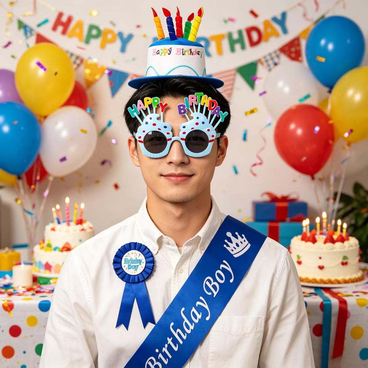 4-piece Blue Plush Birthday Cake Hat Set - Novelty Party Accessory with Matching Glasses and Medals and Shoulder Straps, Fun Photo Prop for Adults and Kids - Image 5