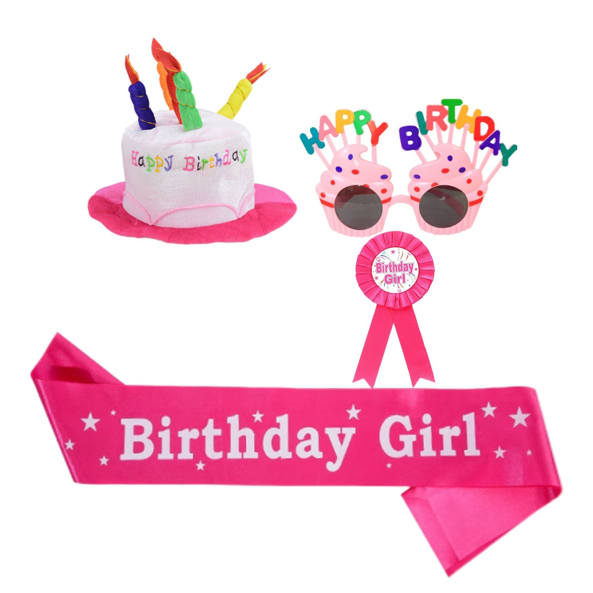 4-piece Pink Plush Birthday Cake Hat Set - Novelty Party Accessory with Matching Glasses and Medals and Shoulder Straps, Fun Photo Prop for Adults and Kids - Image 1