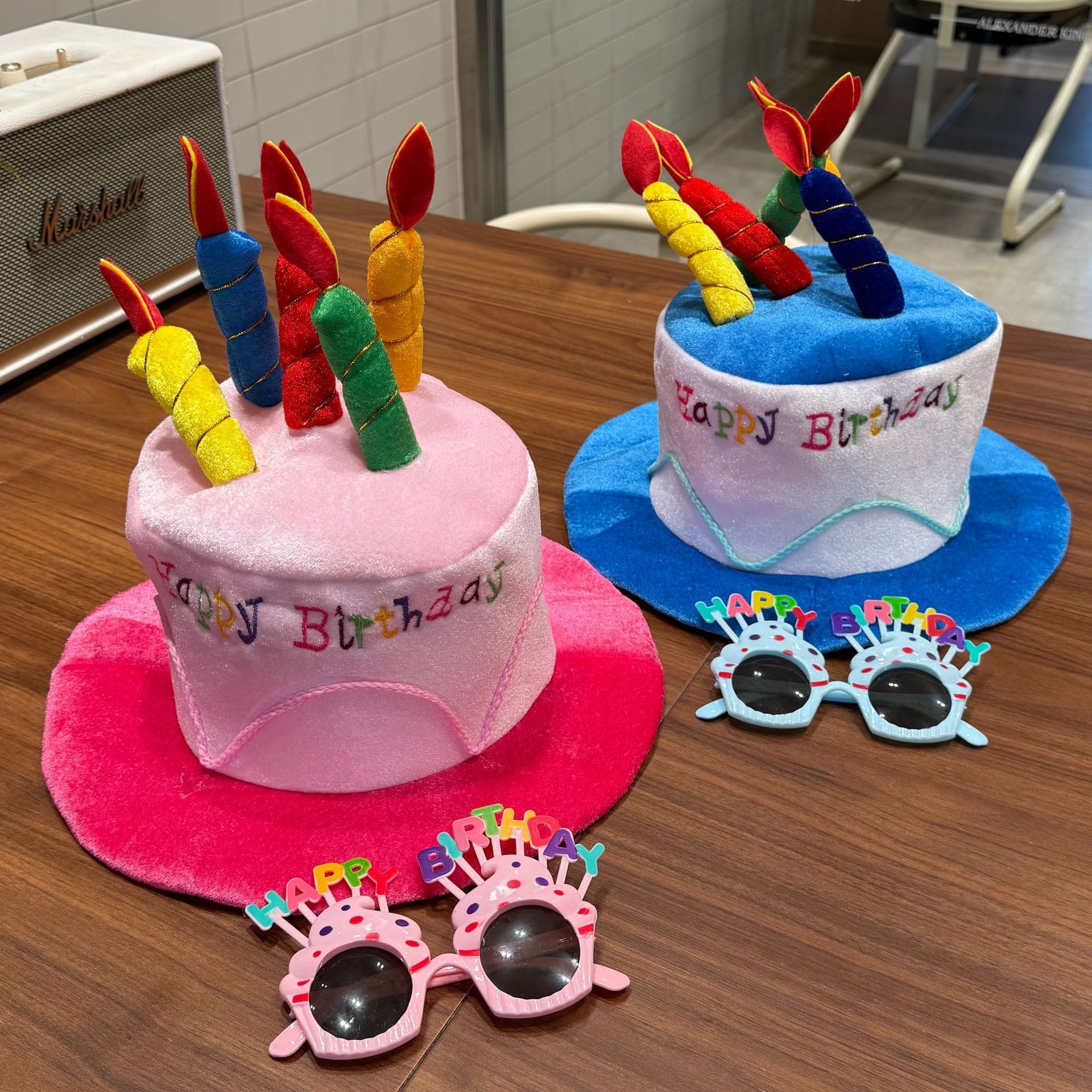 4-piece Pink Plush Birthday Cake Hat Set - Novelty Party Accessory with Matching Glasses and Medals and Shoulder Straps, Fun Photo Prop for Adults and Kids - Image 3