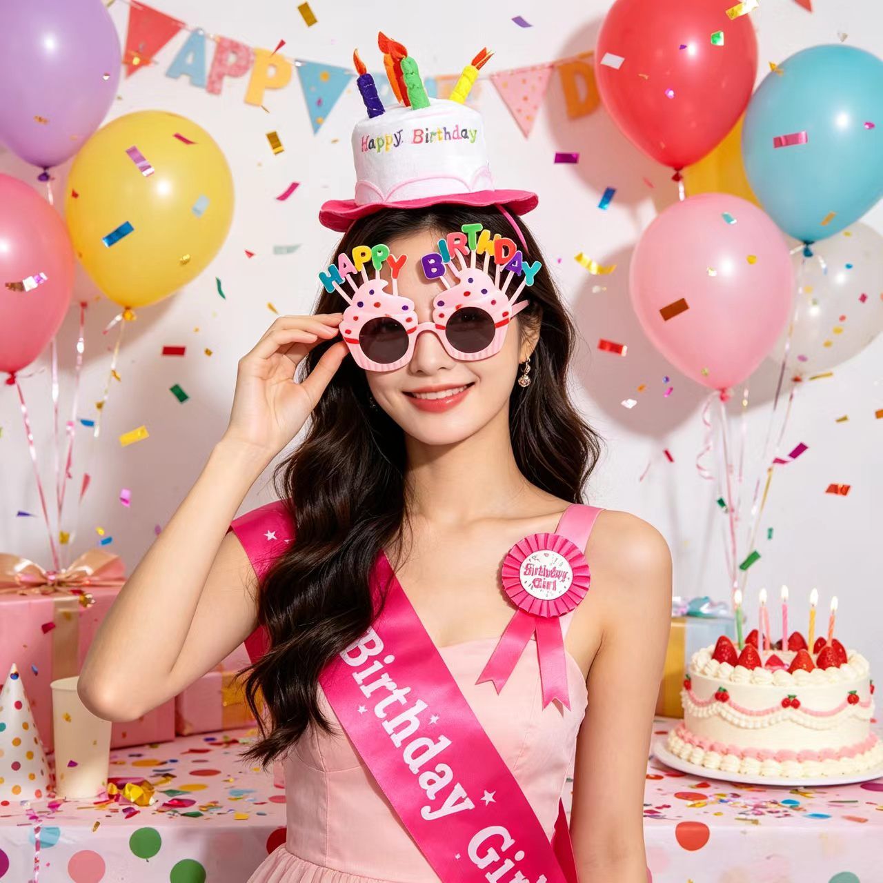 4-piece Pink Plush Birthday Cake Hat Set - Novelty Party Accessory with Matching Glasses and Medals and Shoulder Straps, Fun Photo Prop for Adults and Kids - Image 5
