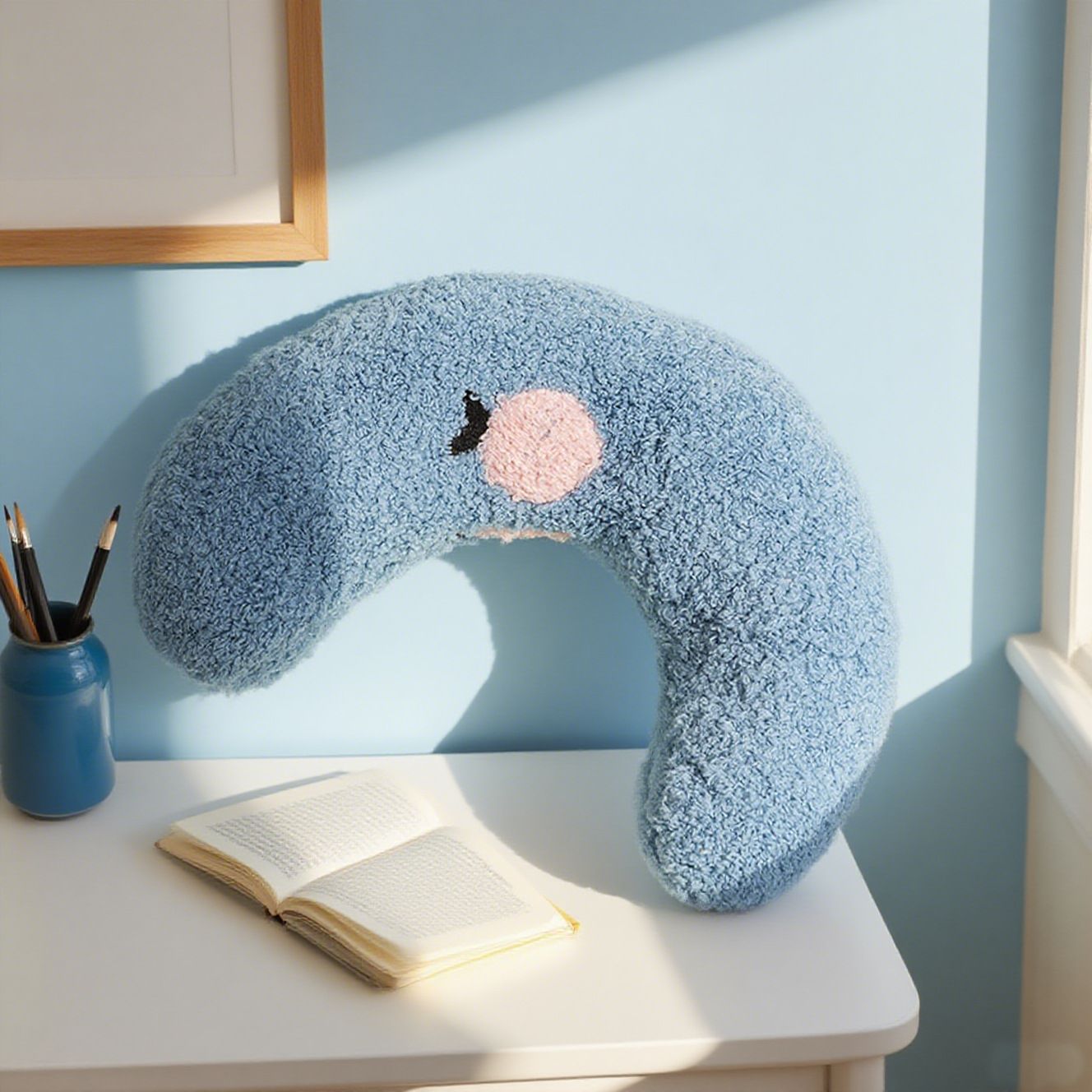 Blue Pet U-Shaped Pillow - Soft Teddy Velvet Neck Support Cushion for Dogs and Cats, Deep Sleep Aid with Embroidered Design, Lightweight and Comfortable Pet Bed Accessory - Image 1