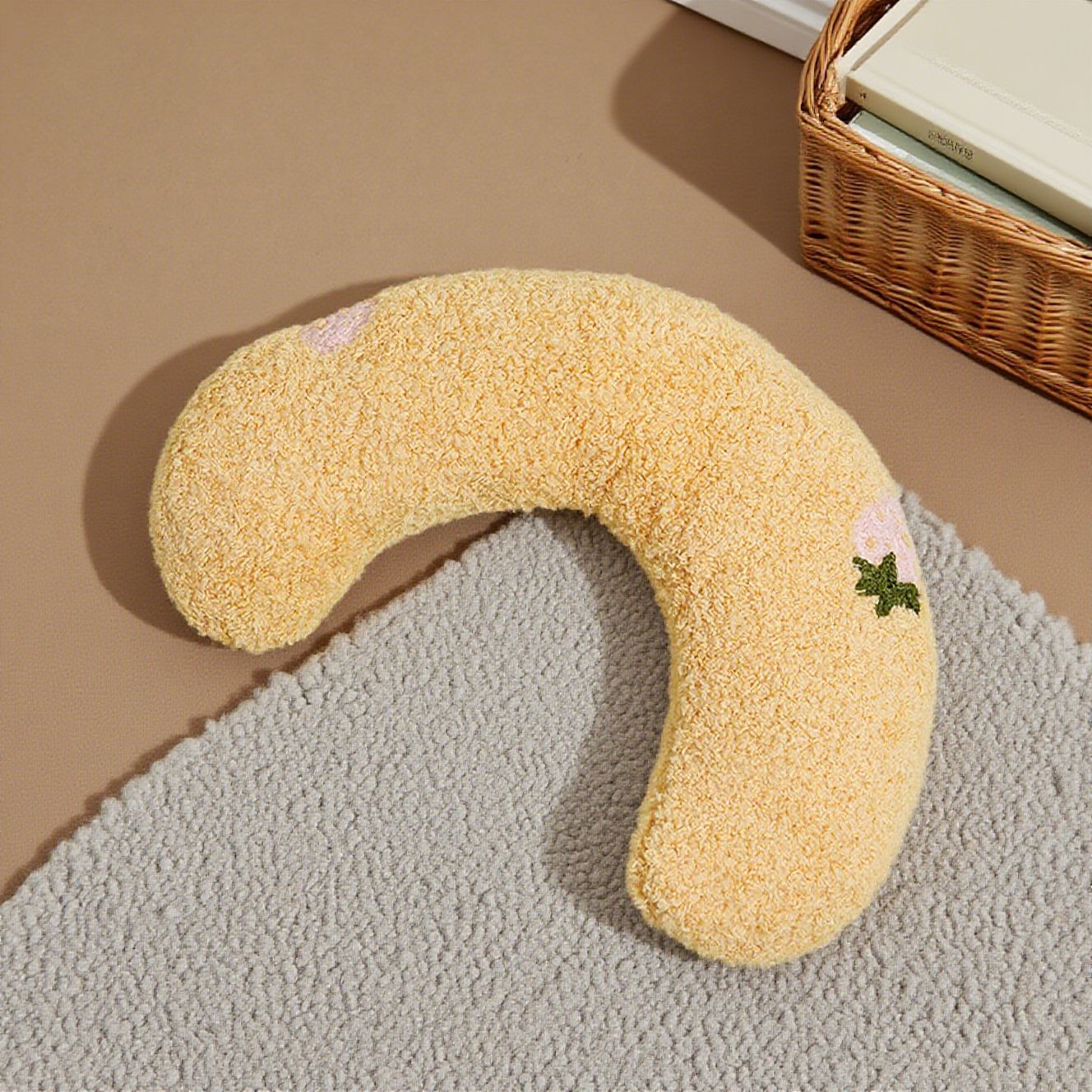 Yellow Pet U-Shaped Pillow - Soft Teddy Velvet Neck Support Cushion for Dogs and Cats, Deep Sleep Aid with Embroidered Design, Lightweight and Comfortable Pet Bed Accessory - Image 1