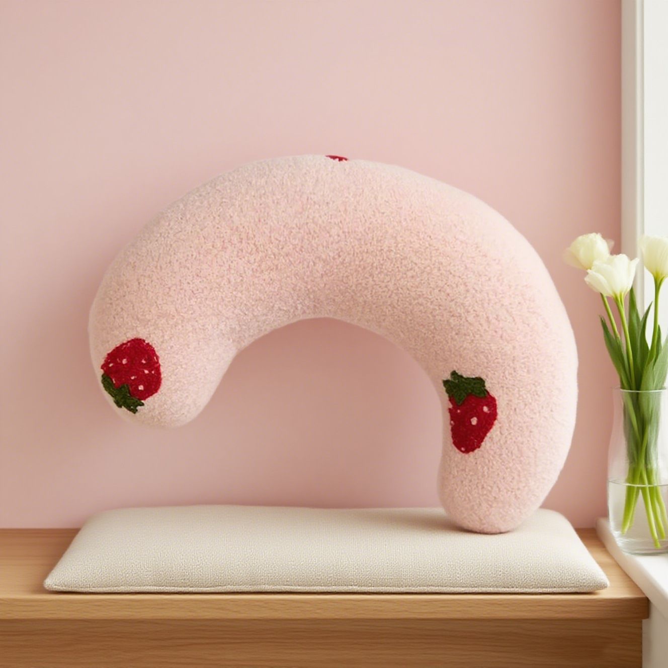 Pink Pet U-Shaped Pillow - Soft Teddy Velvet Neck Support Cushion for Dogs and Cats, Deep Sleep Aid with Embroidered Design, Lightweight and Comfortable Pet Bed Accessory - Image 1