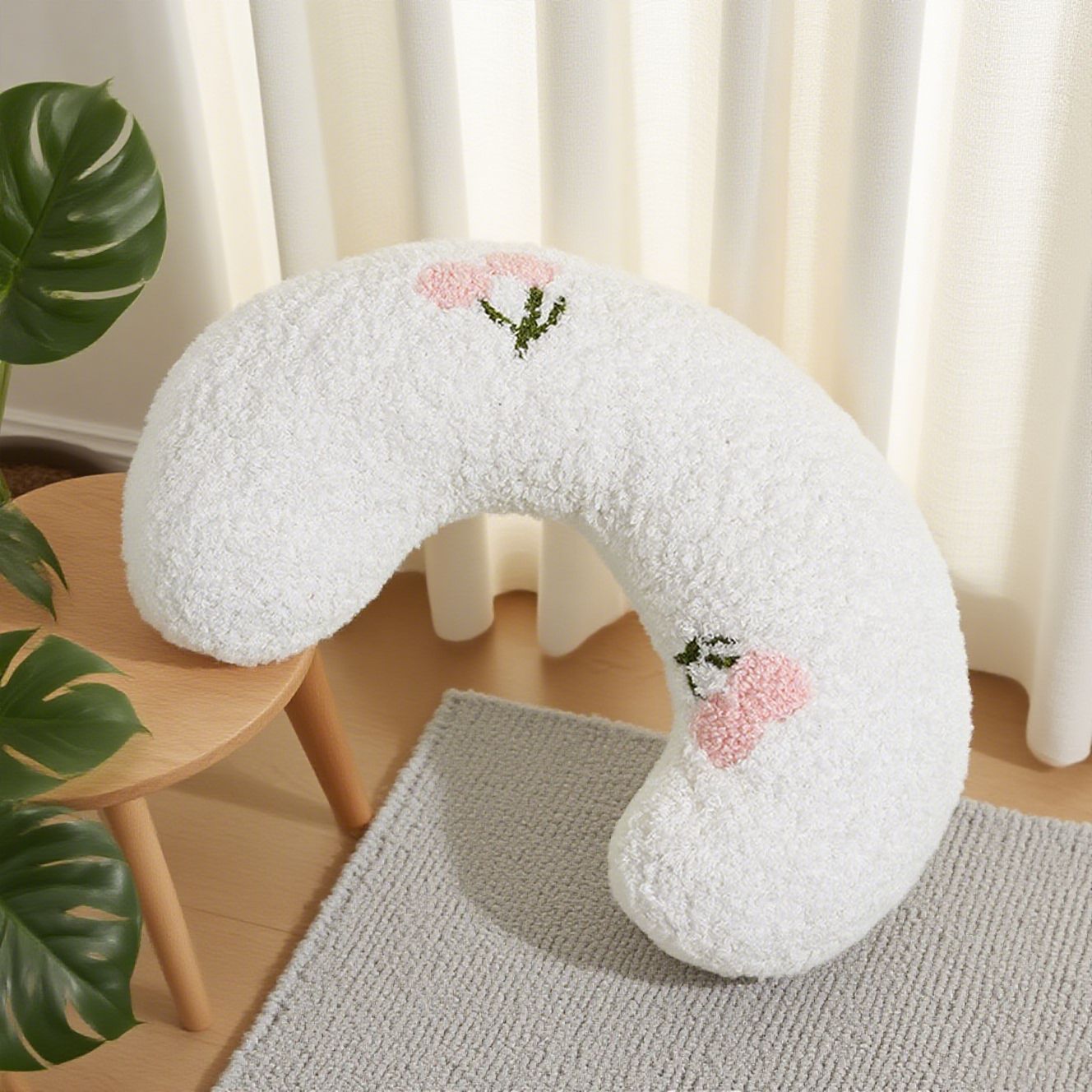 White Pet U-Shaped Pillow - Soft Teddy Velvet Neck Support Cushion for Dogs and Cats, Deep Sleep Aid with Embroidered Design, Lightweight and Comfortable Pet Bed Accessory - Image 1