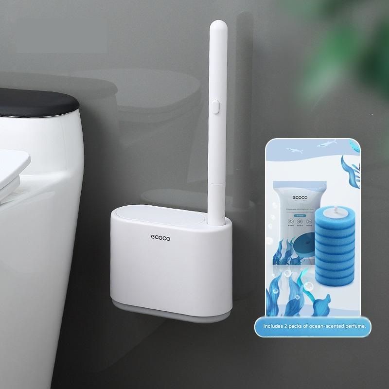 White and Grey Disposable Toilet Brush with Wall Mount Holder set - No Touch Replacement System, 360 Degree Rotating Head with Built-in Cleaning Solution, Space Saving Bathroom Cleaner for Homes - Image 1