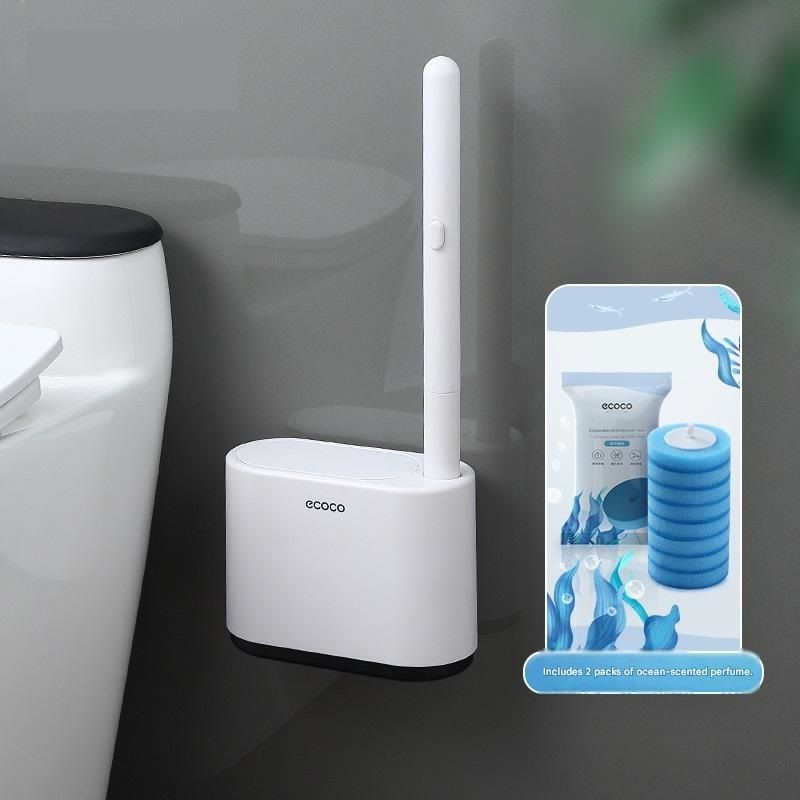 White and Black Disposable Toilet Brush with Wall Mount Holder set - No Touch Replacement System, 360 Degree Rotating Head with Built-in Cleaning Solution, Space Saving Bathroom Cleaner for Homes - Image 1