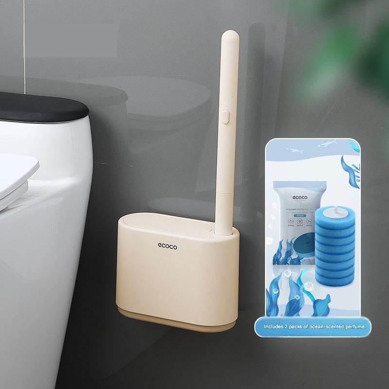 Beige Disposable Toilet Brush with Wall Mount Holder set - No Touch Replacement System, 360 Degree Rotating Head with Built-in Cleaning Solution, Space Saving Bathroom Cleaner for Homes - Image 1