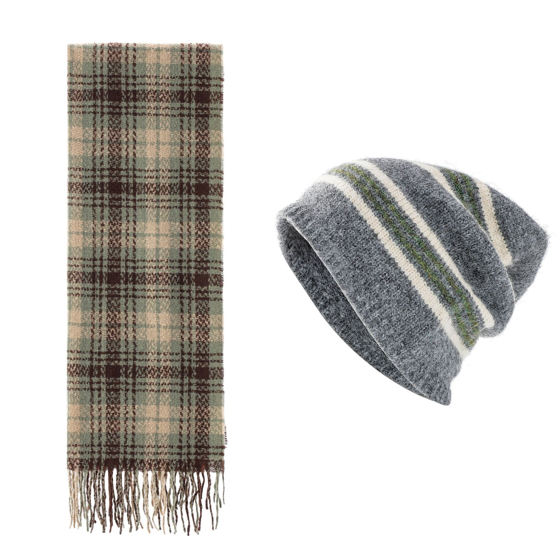 Striped Wool-Blend Beanie & Plaid Fringed Scarf Set — Soft Knit Hat (36 x 26 cm) and Oversized Shawl (200 x 65 cm); A Must-Have for Christmas and Cold Weather - Image 1