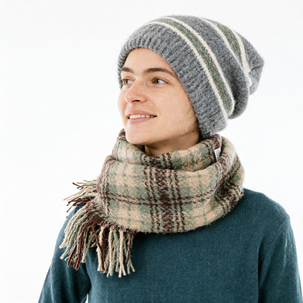 Striped Wool-Blend Beanie & Plaid Fringed Scarf Set — Soft Knit Hat (36 x 26 cm) and Oversized Shawl (200 x 65 cm); A Must-Have for Christmas and Cold Weather - Image 2