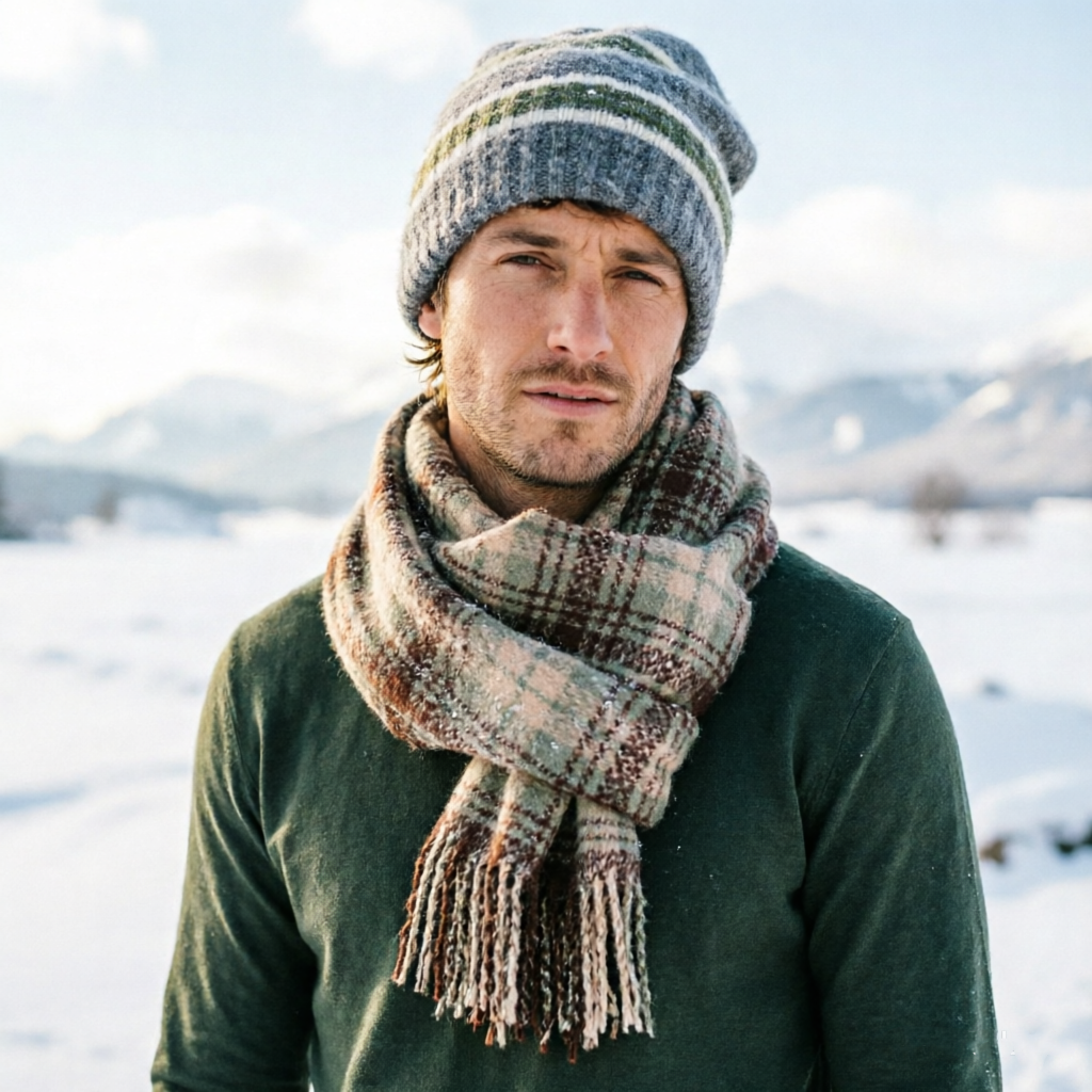 Striped Wool-Blend Beanie & Plaid Fringed Scarf Set — Soft Knit Hat (36 x 26 cm) and Oversized Shawl (200 x 65 cm); A Must-Have for Christmas and Cold Weather - Image 3