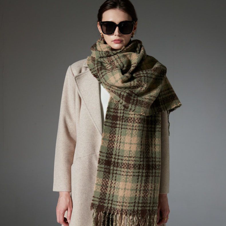 Striped Wool-Blend Beanie & Plaid Fringed Scarf Set — Soft Knit Hat (36 x 26 cm) and Oversized Shawl (200 x 65 cm); A Must-Have for Christmas and Cold Weather - Image 4