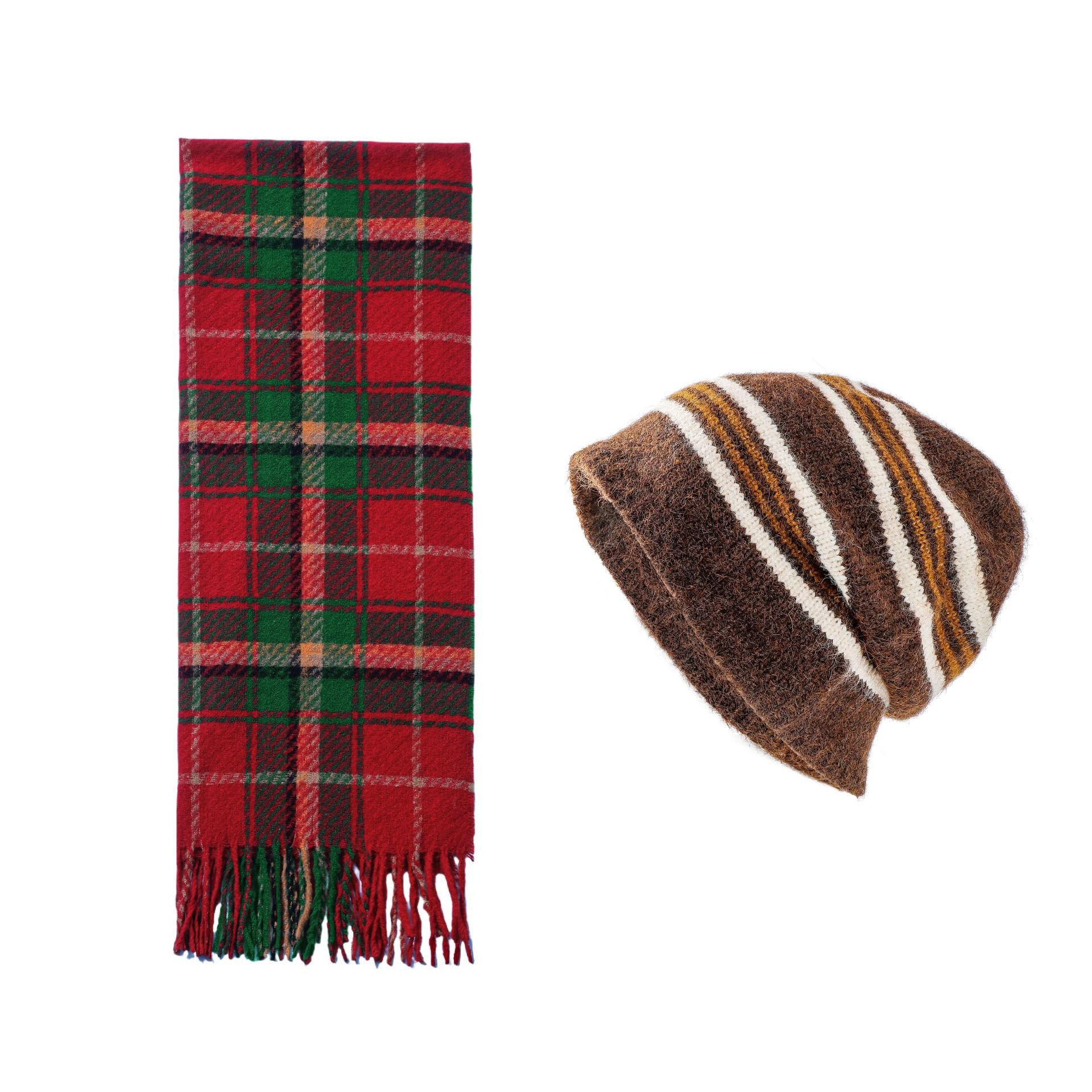 Brown + Red Striped Wool-Blend Beanie & Plaid Fringed Scarf Set — Soft Knit Hat (36 x 26 cm) and Oversized Shawl (200 x 65 cm); A Must-Have for Christmas and Cold Weather - Image 1