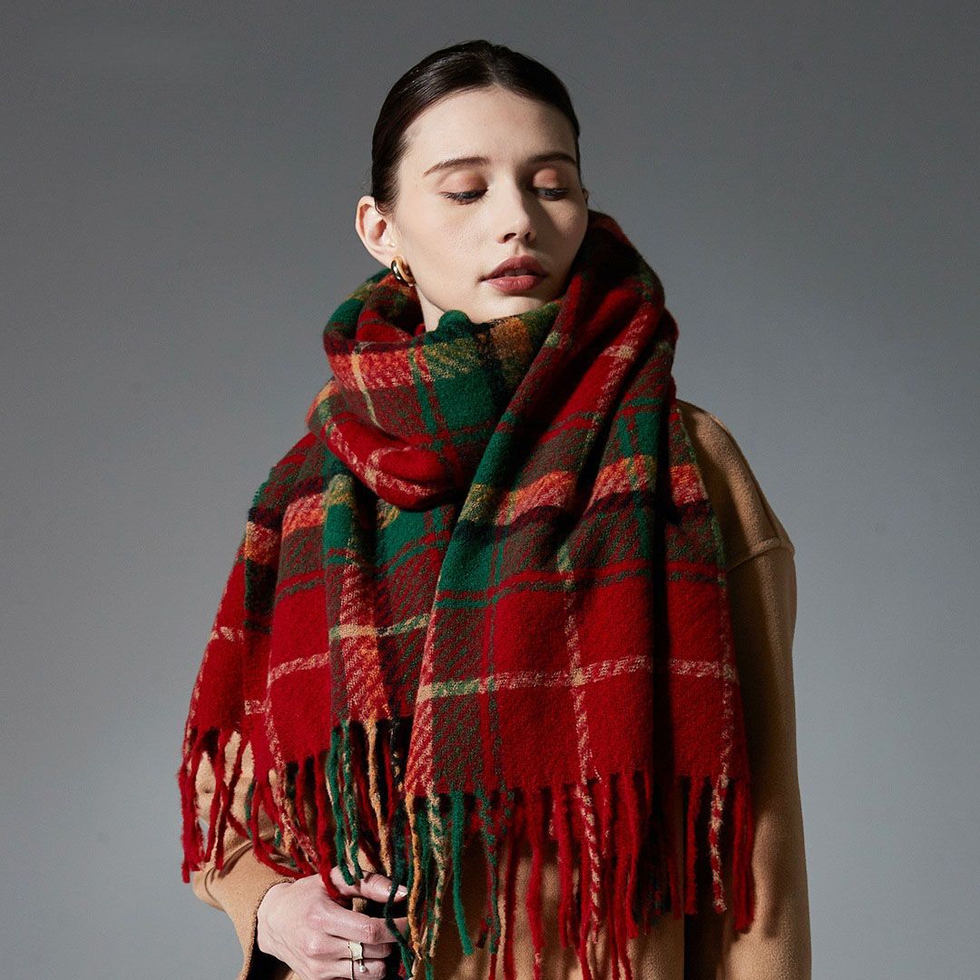 Brown + Red Striped Wool-Blend Beanie & Plaid Fringed Scarf Set — Soft Knit Hat (36 x 26 cm) and Oversized Shawl (200 x 65 cm); A Must-Have for Christmas and Cold Weather - Image 2