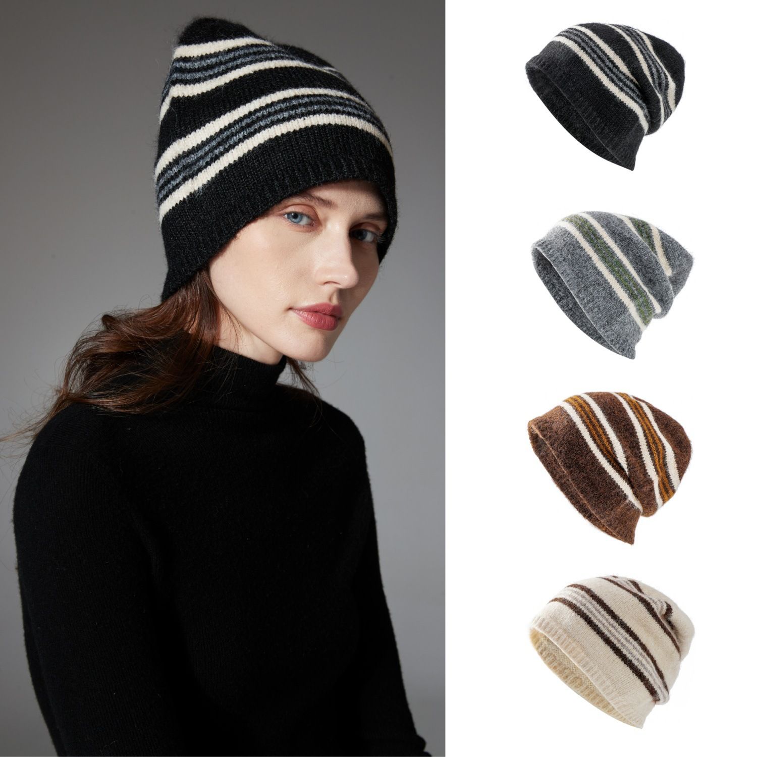Brown + Red Striped Wool-Blend Beanie & Plaid Fringed Scarf Set — Soft Knit Hat (36 x 26 cm) and Oversized Shawl (200 x 65 cm); A Must-Have for Christmas and Cold Weather - Image 3
