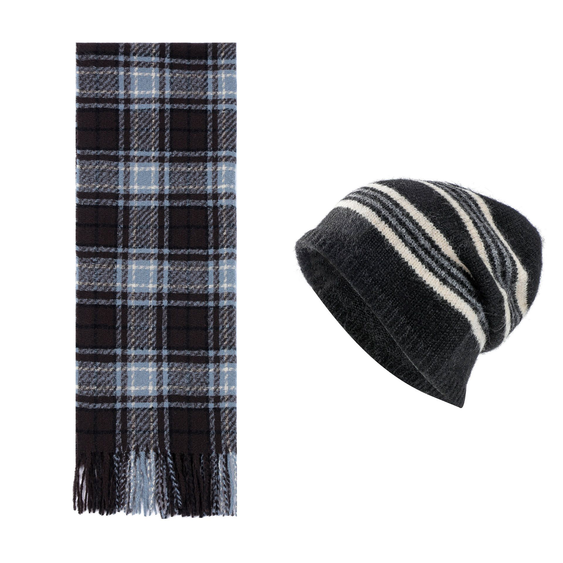 Black + Blue Striped Wool-Blend Beanie & Plaid Fringed Scarf Set — Soft Knit Hat (36 x 26 cm) and Oversized Shawl (200 x 65 cm); A Must-Have for Christmas and Cold Weather - Image 1