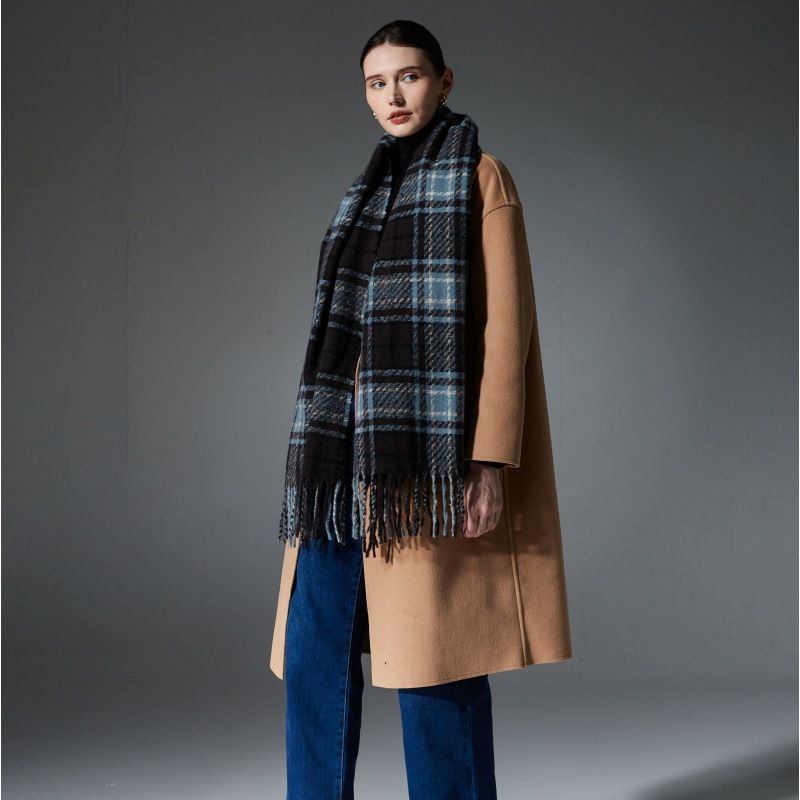 Black + Blue Striped Wool-Blend Beanie & Plaid Fringed Scarf Set — Soft Knit Hat (36 x 26 cm) and Oversized Shawl (200 x 65 cm); A Must-Have for Christmas and Cold Weather - Image 2