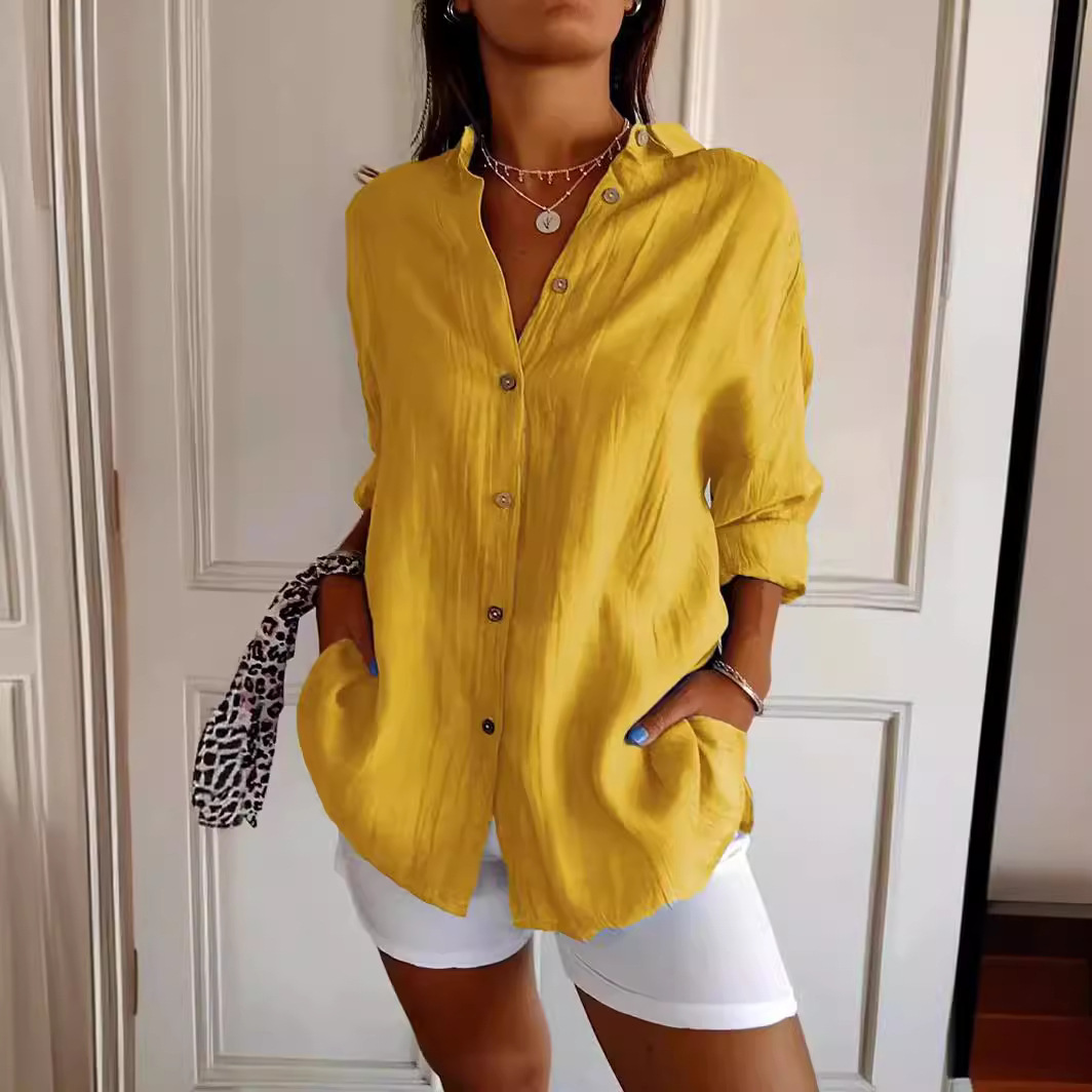 Lapel Long Sleeve Shirt Womens Single-breasted Pleated Shirt Tops - Image 2