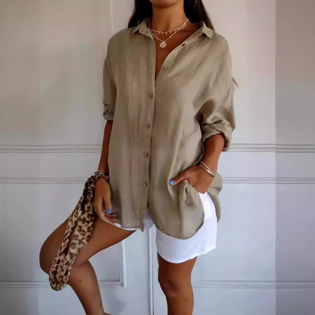 Lapel Long Sleeve Shirt Womens Single-breasted Pleated Shirt Tops - Image 3