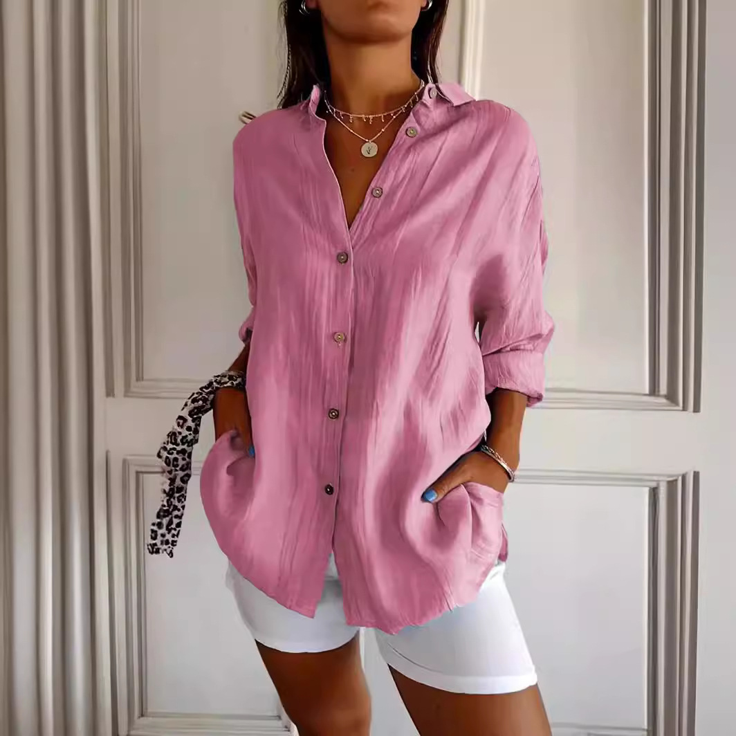 Lapel Long Sleeve Shirt Womens Single-breasted Pleated Shirt Tops - Image 5