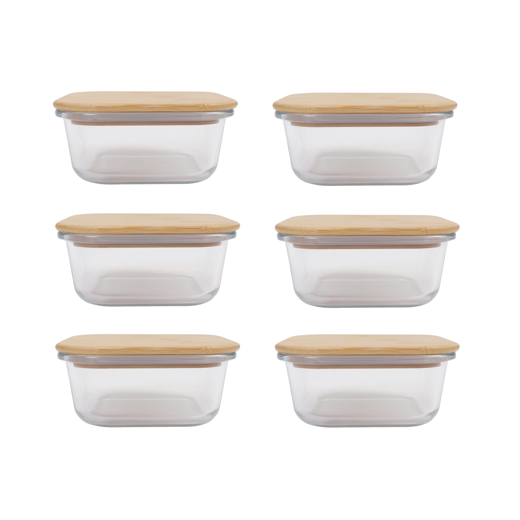 6 Pcs Medium Bamboo Food Containers – Clear Glass with Bamboo Lids - Image 1