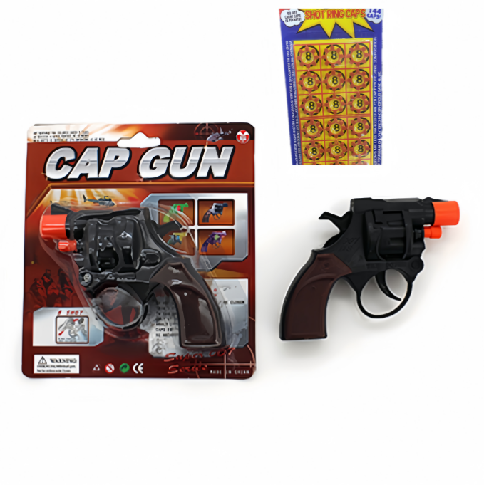 2 Pcs of MINI CAP GUN (11x8CM) ON CARD plus 144Pcs free 8 ring caps - Image 1