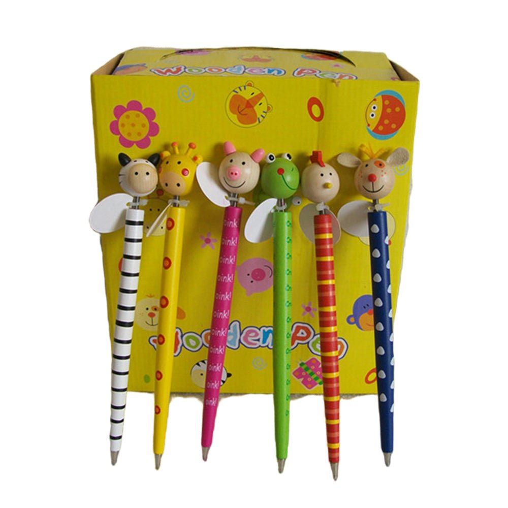 6x Wooden pens wit animal toy on tip - Image 1