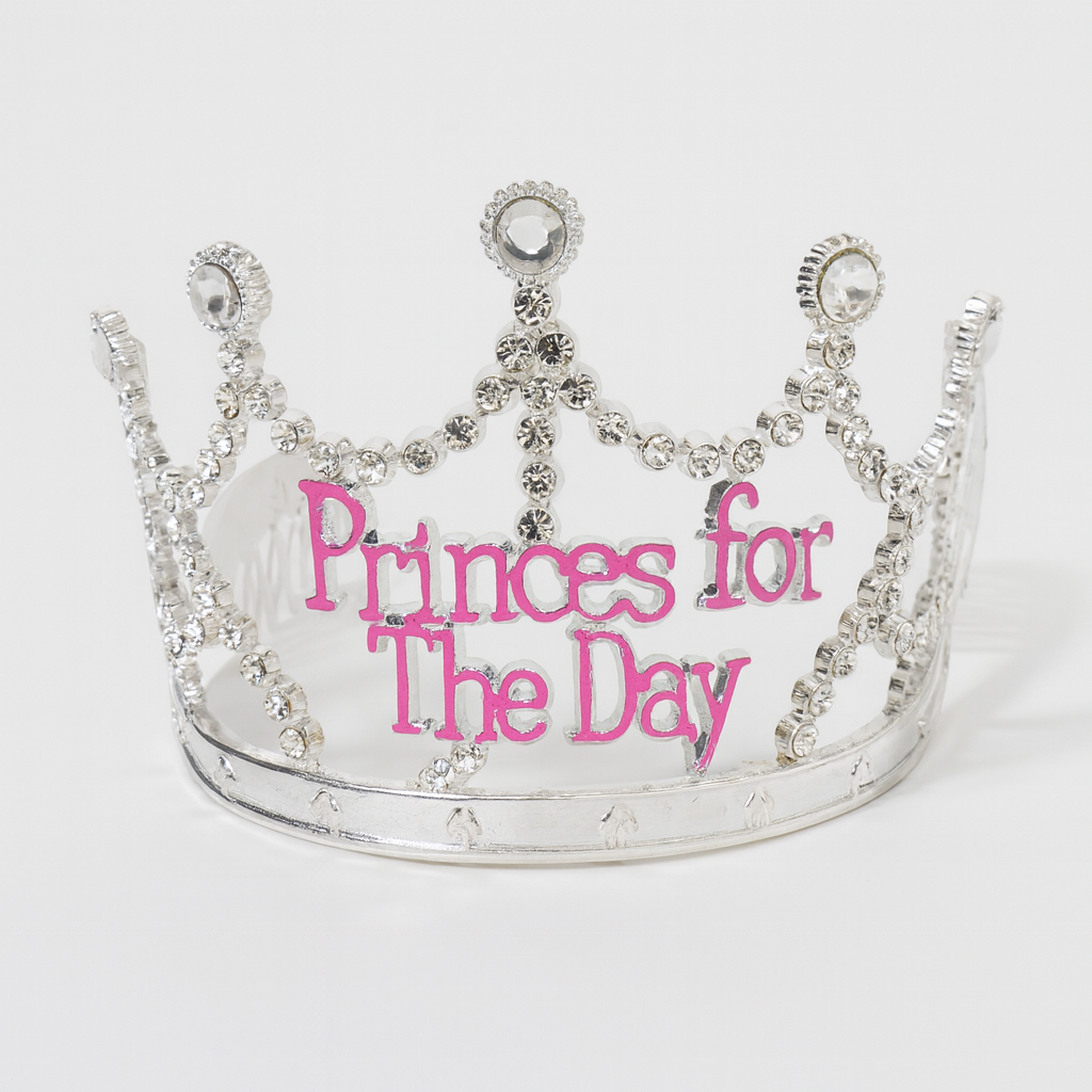 Princess for the Day Tiara – Silver Rhinestone Crown with Pink Lettering - Silver - Image 1