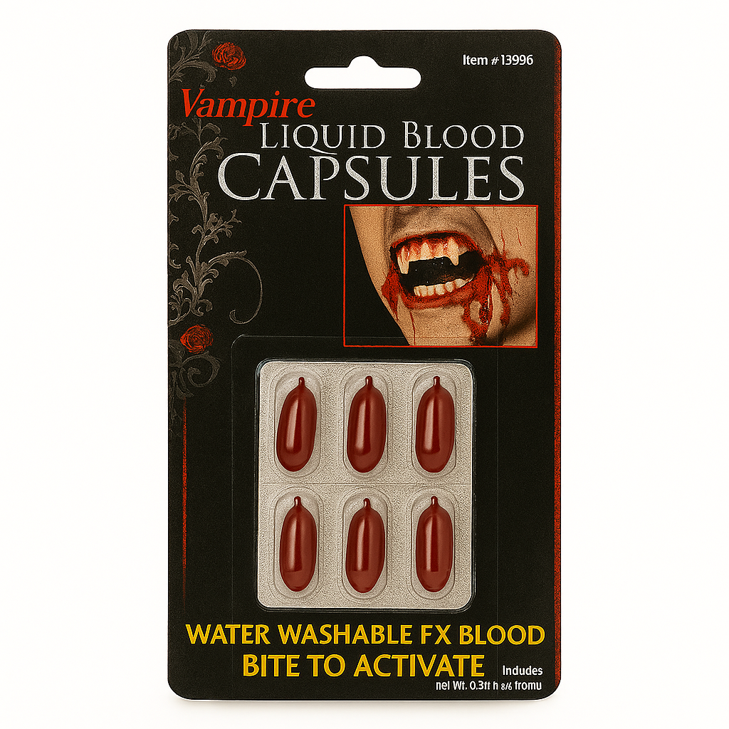 Vampire Liquid Blood Capsules – Halloween Costume FX, Water Washable, 6-Pack - Image 1