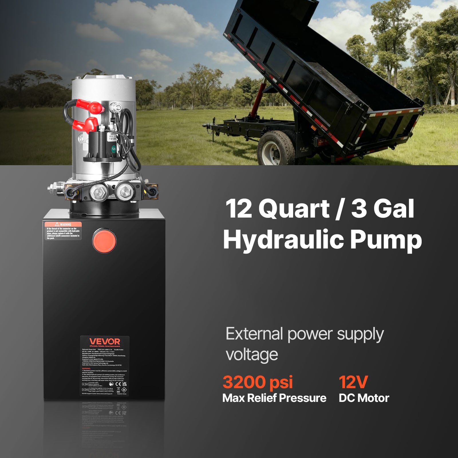12 L Hydraulic Power Unit, Double Acting Dump Trailer Pump, 22 MPa Max Relief Pressure & 3.4 L/min Flow Rate, DC 12V Hydraulic Pump with Metal Reservoir for Dump Trailer Car Lifting - Image 2