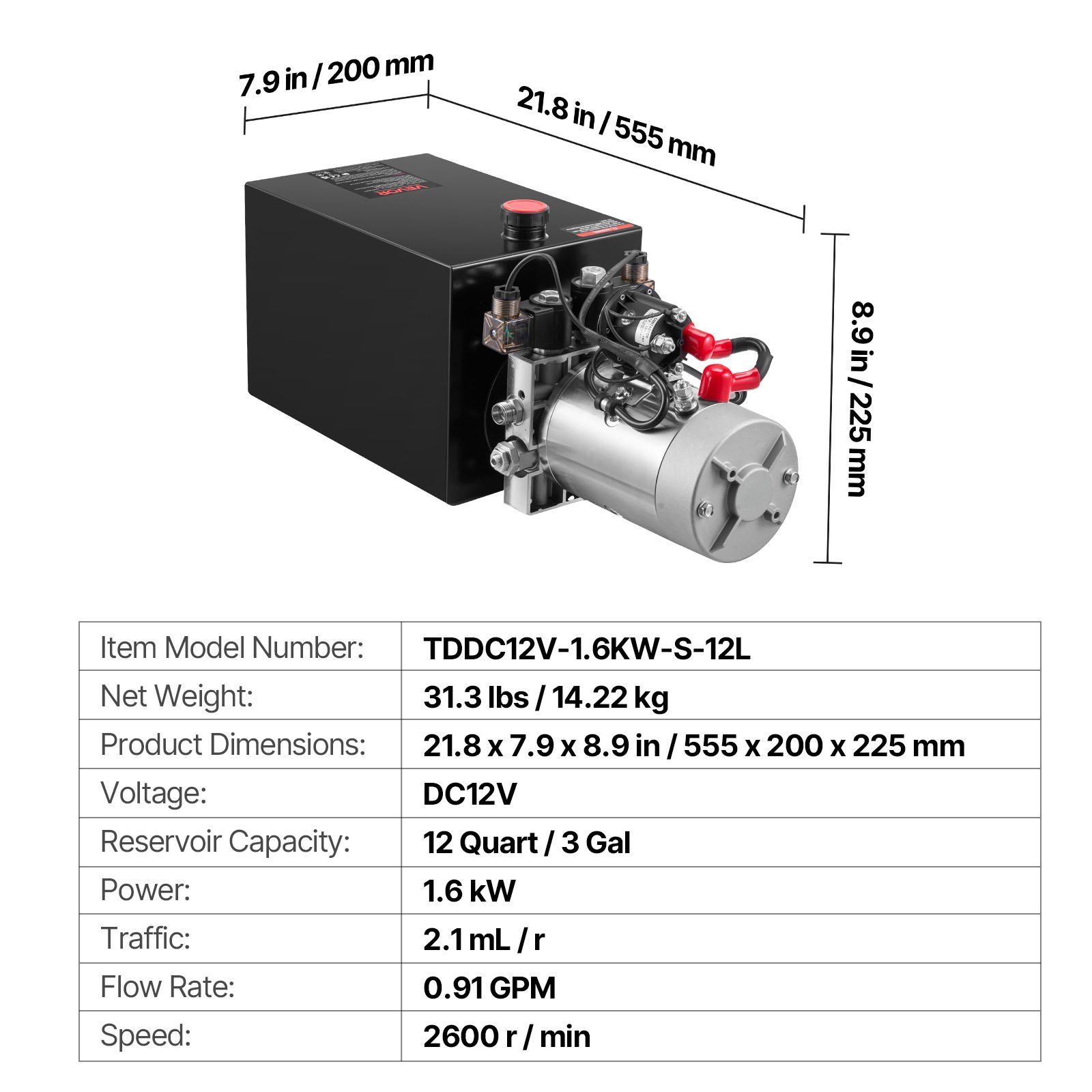 12 L Hydraulic Power Unit, Double Acting Dump Trailer Pump, 22 MPa Max Relief Pressure & 3.4 L/min Flow Rate, DC 12V Hydraulic Pump with Metal Reservoir for Dump Trailer Car Lifting - Image 7