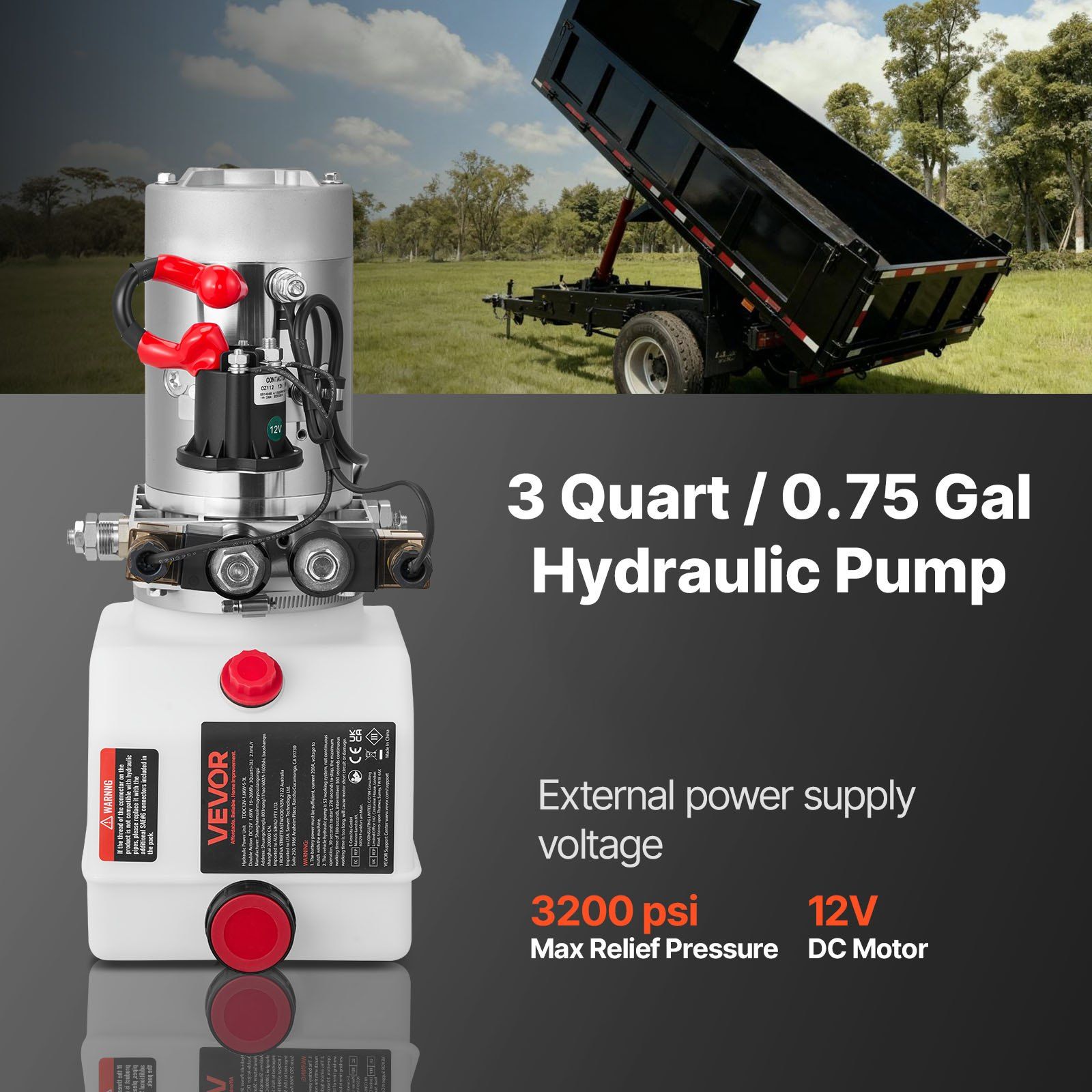 3 L Hydraulic Power Unit, Double Acting Dump Trailer Pump, 22 MPa Max Relief Pressure & 3.4 L/min Flow Rate, DC 12V Hydraulic Pump with Metal Reservoir for Dump Trailer Car Lifting - Image 2