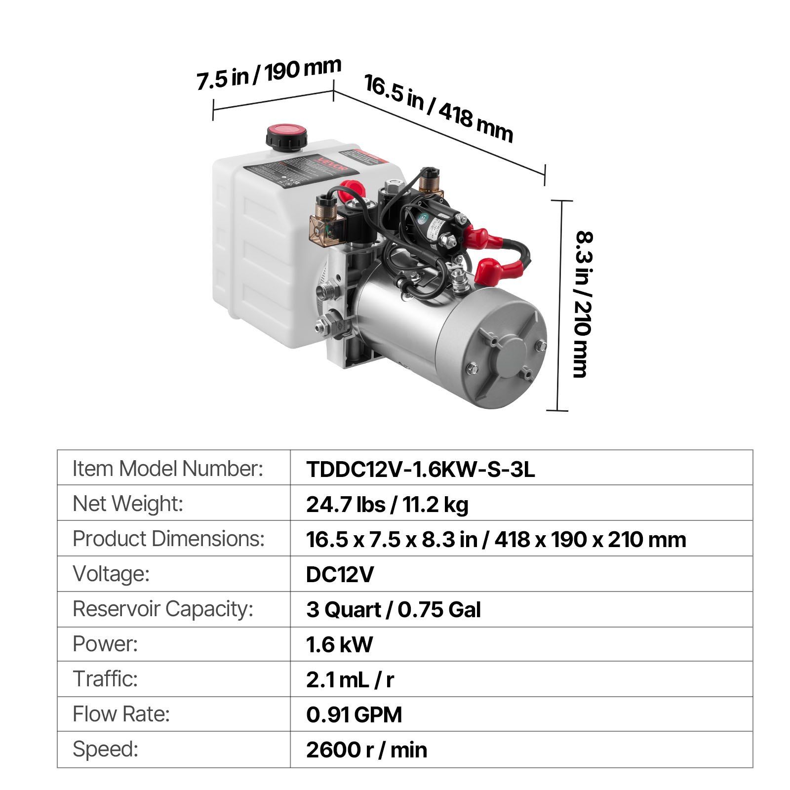 3 L Hydraulic Power Unit, Double Acting Dump Trailer Pump, 22 MPa Max Relief Pressure & 3.4 L/min Flow Rate, DC 12V Hydraulic Pump with Metal Reservoir for Dump Trailer Car Lifting - Image 7