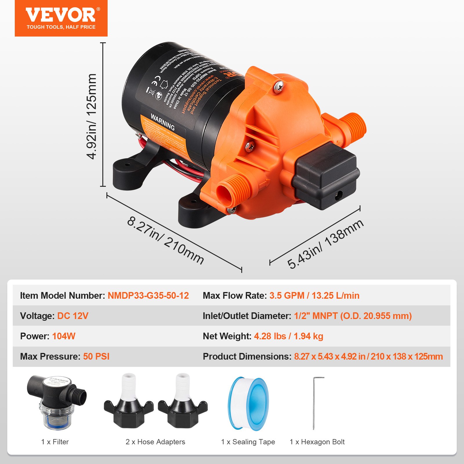 Diaphragm Pump 3.5GPM 13.25L/min 3-Chamber Water Pump Pressure Switch - Image 7