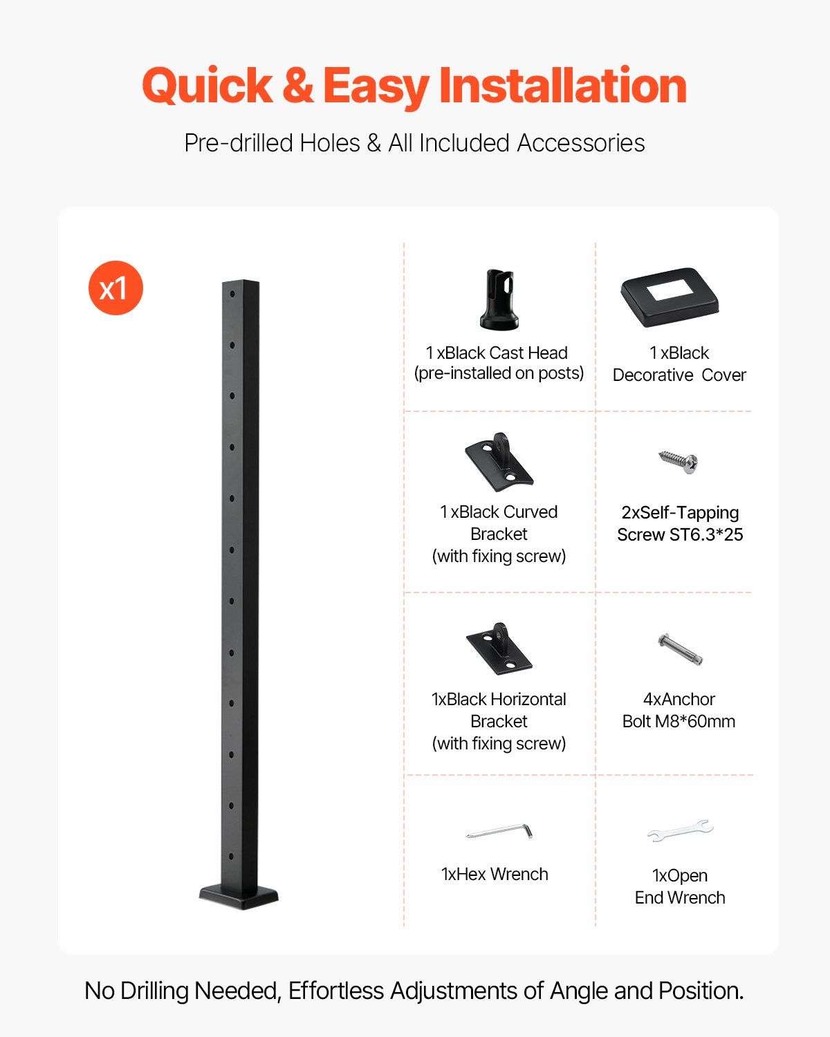 Cable Railing Post, 106.7x2.5x5 cm Level Deck Stair Posts, 1-Pack Stainless Steel Cable Handrail Post, Pre-Drilled Pickets with Mounting Bracket Stair Railing Kit, Black, 1JZLGZXHS1063GGTD001V0 - Image 6