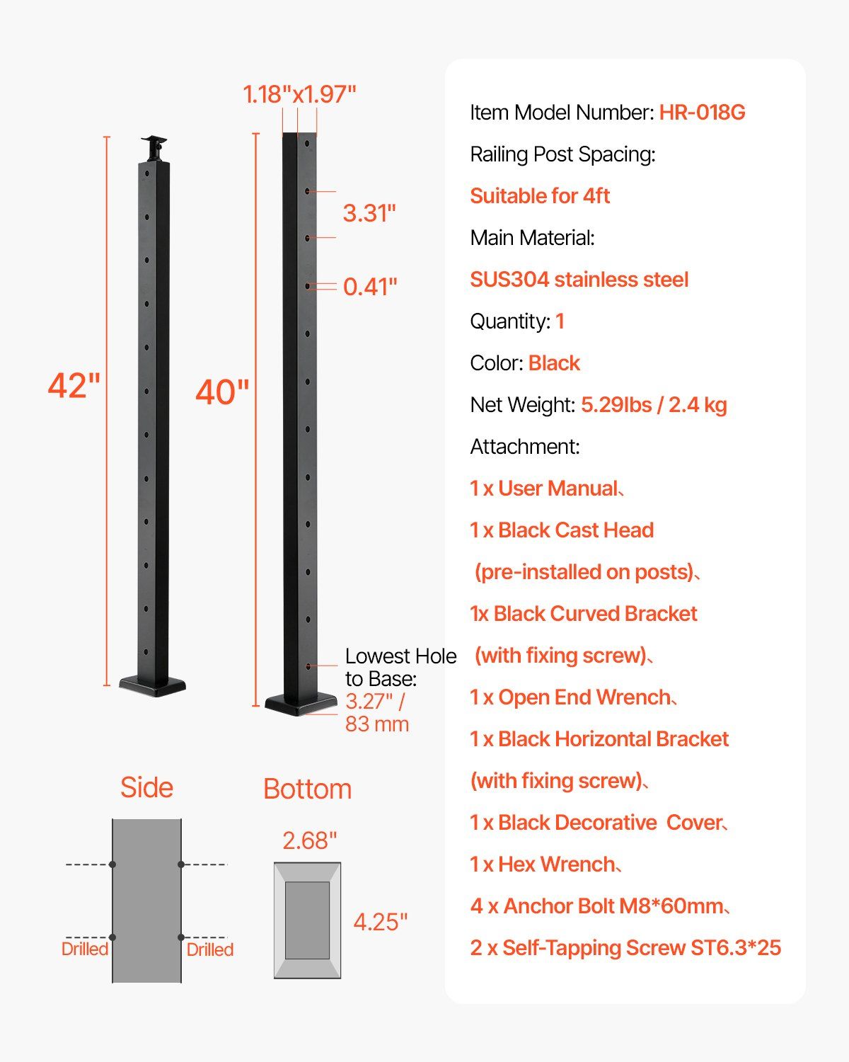 Cable Railing Post, 106.7x2.5x5 cm Level Deck Stair Posts, 1-Pack Stainless Steel Cable Handrail Post, Pre-Drilled Pickets with Mounting Bracket Stair Railing Kit, Black, 1JZLGZXHS1063GGTD001V0 - Image 7