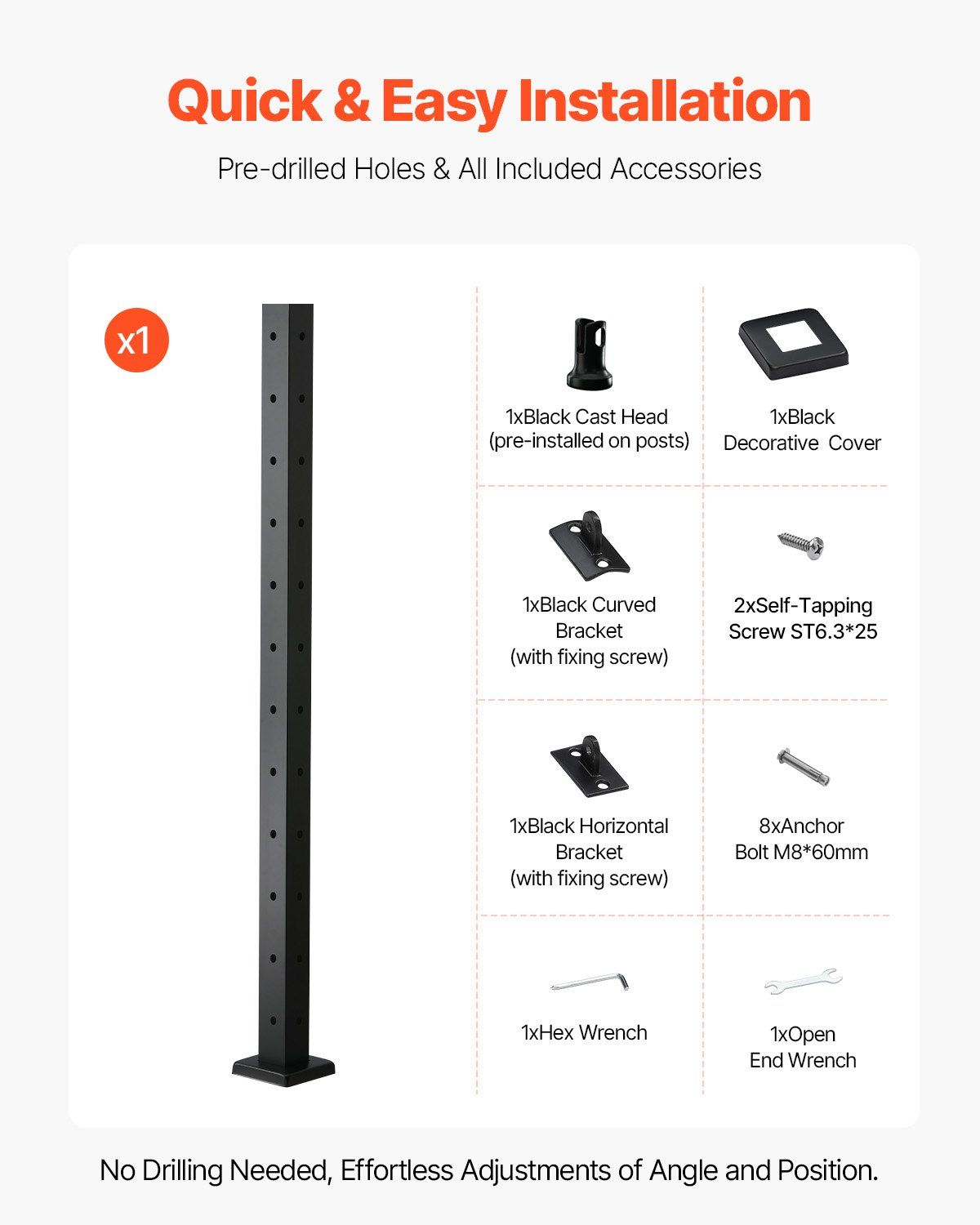 Cable Railing Post, 106.7x5x5cm Corner Railing Post, with L-Shaped Pre-Drilled Holes, Stainless Steel Cable Rail Post with Horizontal and Curved Bracket, 1-Pack, Black, 1JZLGZXHS1065S1EW001V0 - Image 6