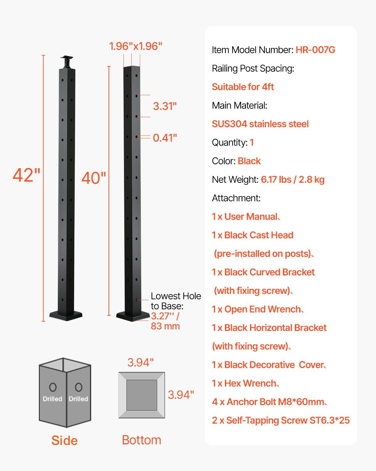 Cable Railing Post, 106.7x5x5cm Corner Railing Post, with L-Shaped Pre-Drilled Holes, Stainless Steel Cable Rail Post with Horizontal and Curved Bracket, 1-Pack, Black, 1JZLGZXHS1065S1EW001V0 - Image 7