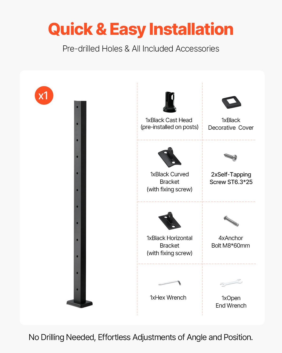 Cable Railing Post, 106.7x5x5cm Level Deck Stair Posts, 1-Pack Stainless Steel Cable Handrail Post, Pre-Drilled Pickets with Mounting Bracket Stair Railing Kit, Black, 1JZLGZXHS106AWJO6001V0 - Image 6