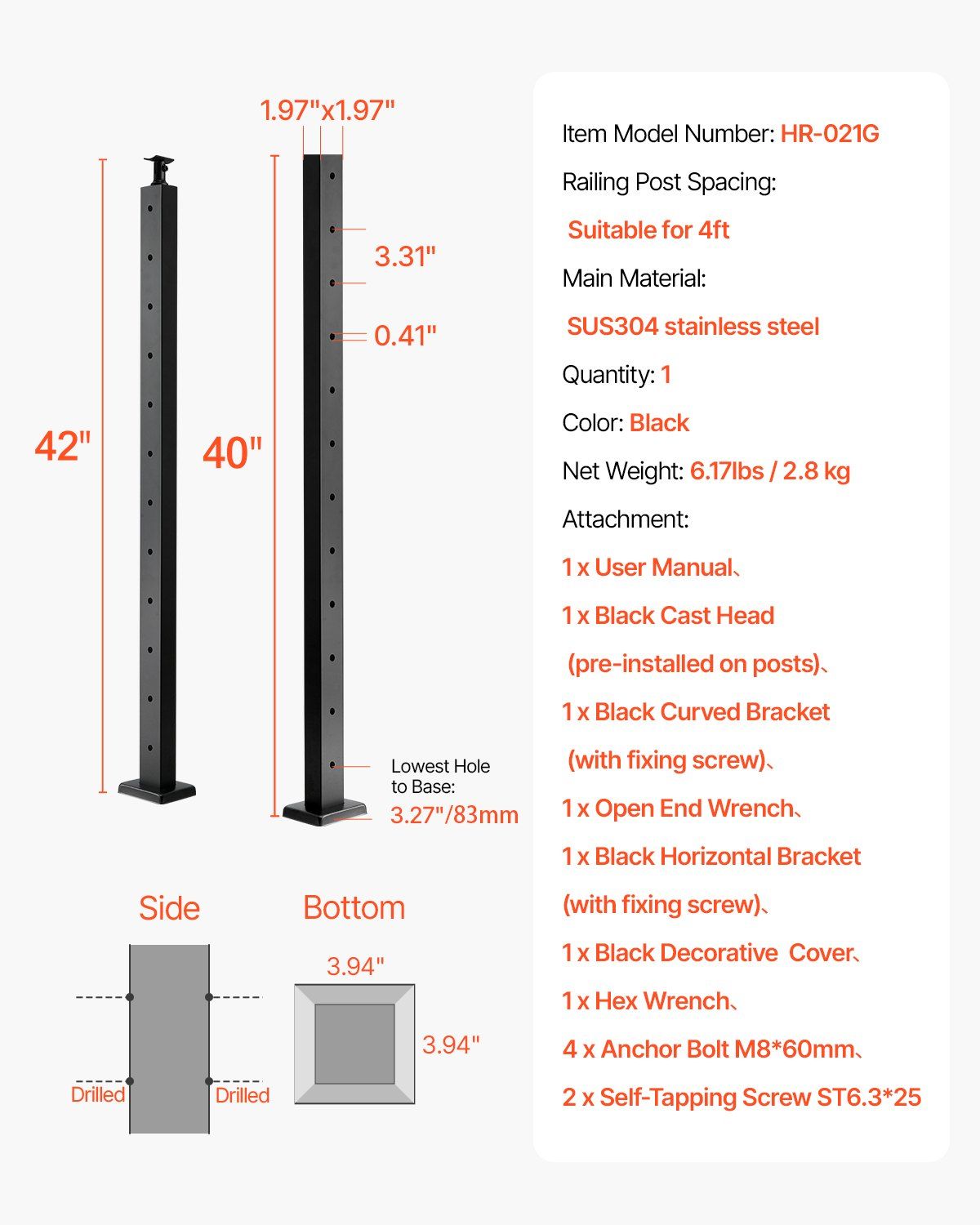 Cable Railing Post, 106.7x5x5cm Level Deck Stair Posts, 1-Pack Stainless Steel Cable Handrail Post, Pre-Drilled Pickets with Mounting Bracket Stair Railing Kit, Black, 1JZLGZXHS106AWJO6001V0 - Image 7