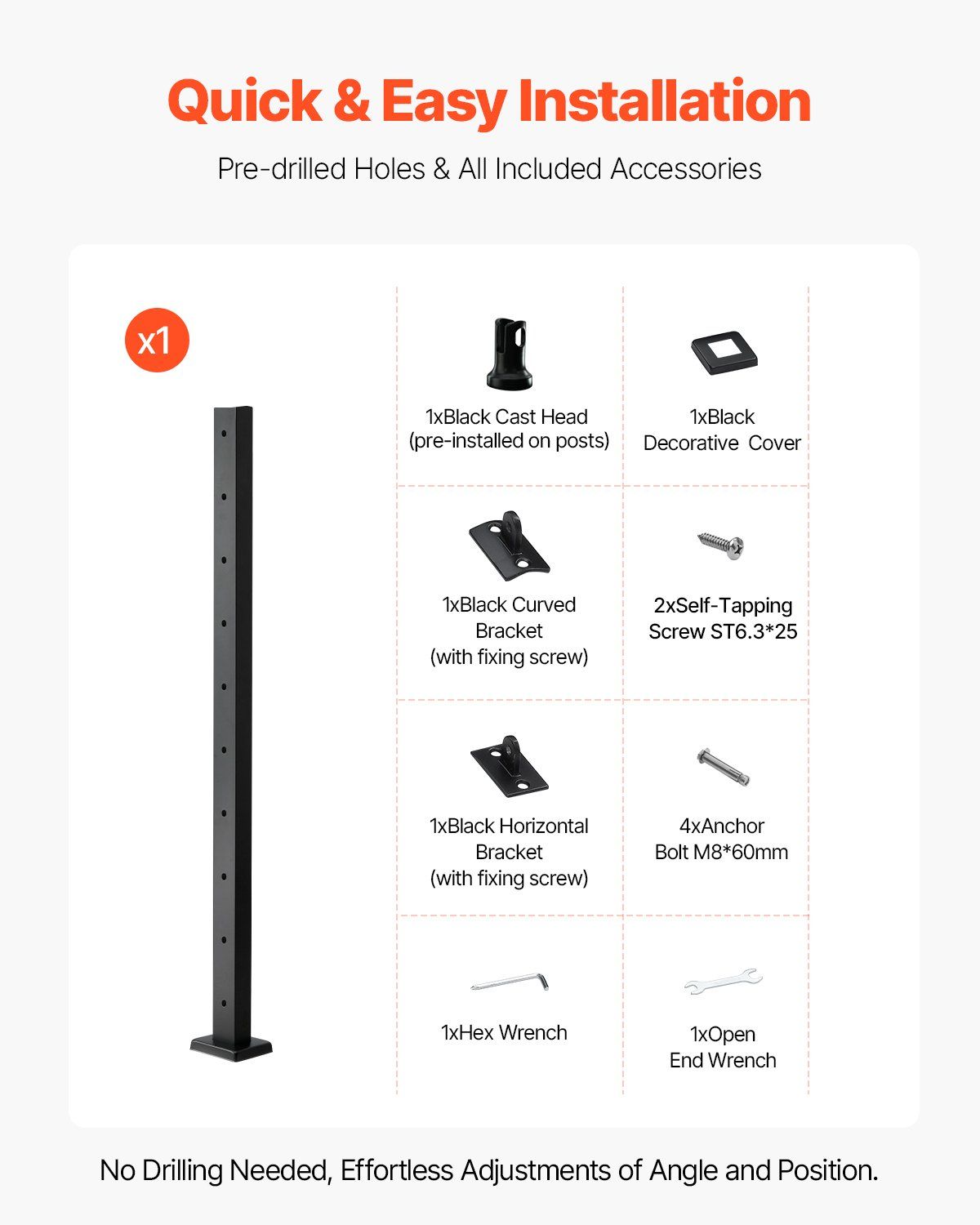 1-Pack Cable Railing Post, 91.4x5x5cm Horizontal-Hole Deck Railing Post with Pre-Drilled Holes, Stainless Steel Cable Rail Post with Horizontal and Curved Bracket, Black, 1JZLGZXHS9148RVYS001V0 - Image 6