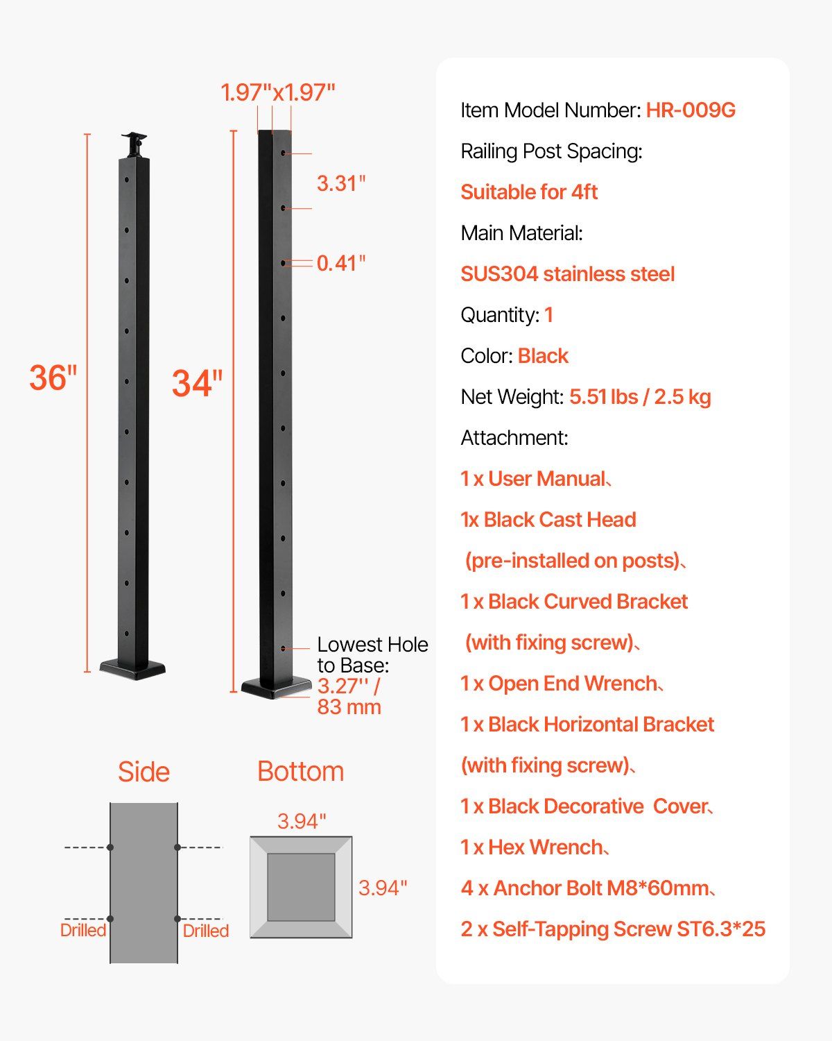 1-Pack Cable Railing Post, 91.4x5x5cm Horizontal-Hole Deck Railing Post with Pre-Drilled Holes, Stainless Steel Cable Rail Post with Horizontal and Curved Bracket, Black, 1JZLGZXHS9148RVYS001V0 - Image 7
