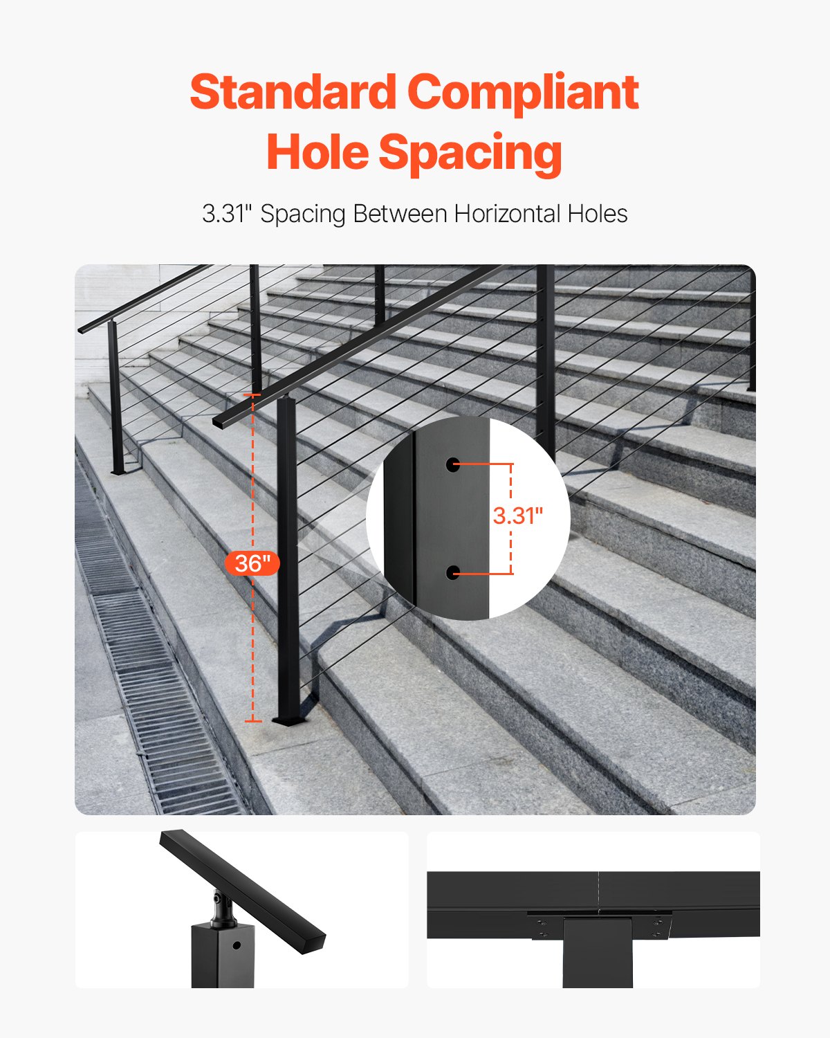 Cable Railing Post, 36x2x2 Inch Stair Railing Post, with Pre-Drilled 30° Angled Holes, Stainless Steel Cable Rail Post with Horizontal and Curved Bracket, 1-Pack, Black, 1JZLGZXHS914YIVIS001V0 - Image 4