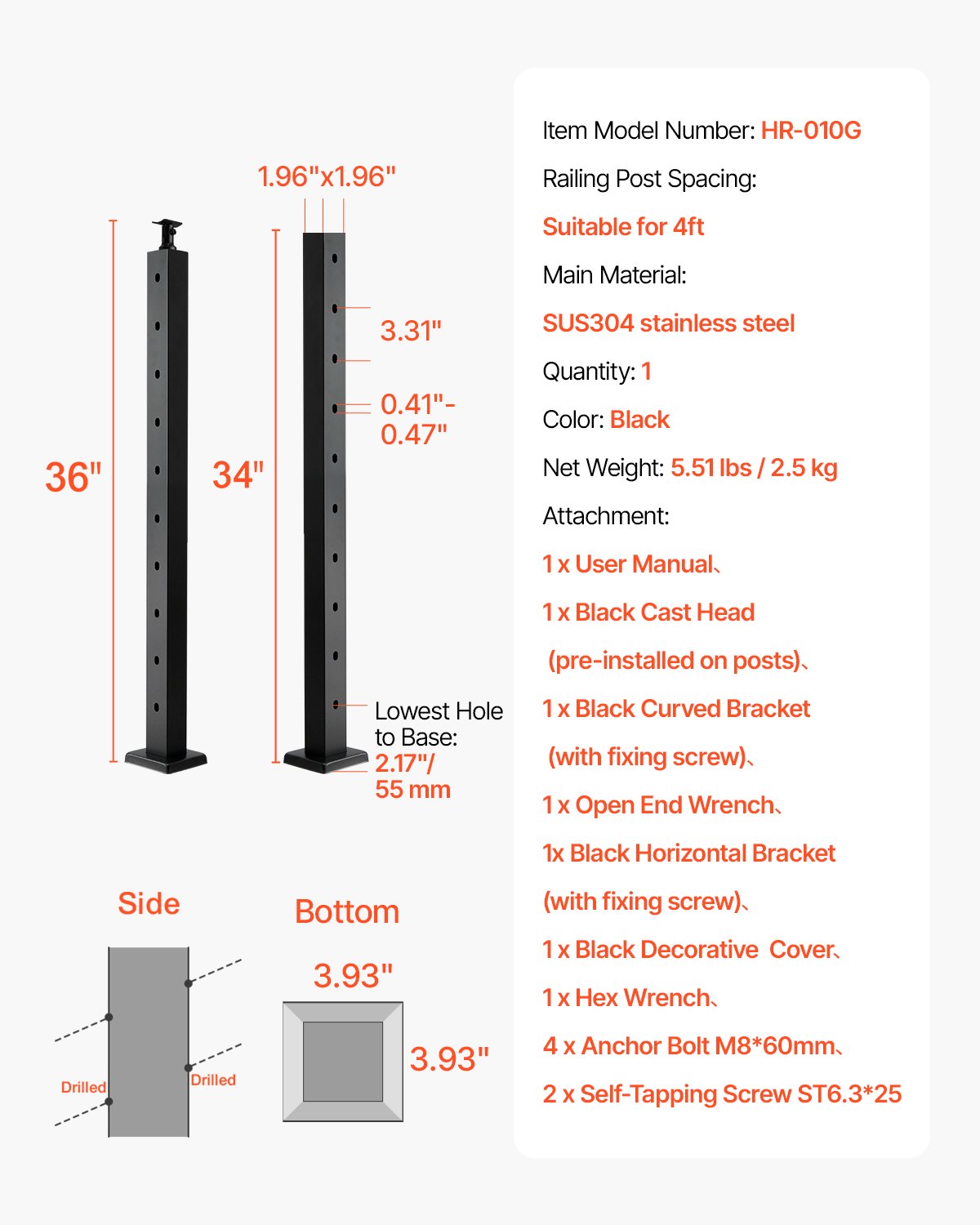 Cable Railing Post, 36x2x2 Inch Stair Railing Post, with Pre-Drilled 30° Angled Holes, Stainless Steel Cable Rail Post with Horizontal and Curved Bracket, 1-Pack, Black, 1JZLGZXHS914YIVIS001V0 - Image 7