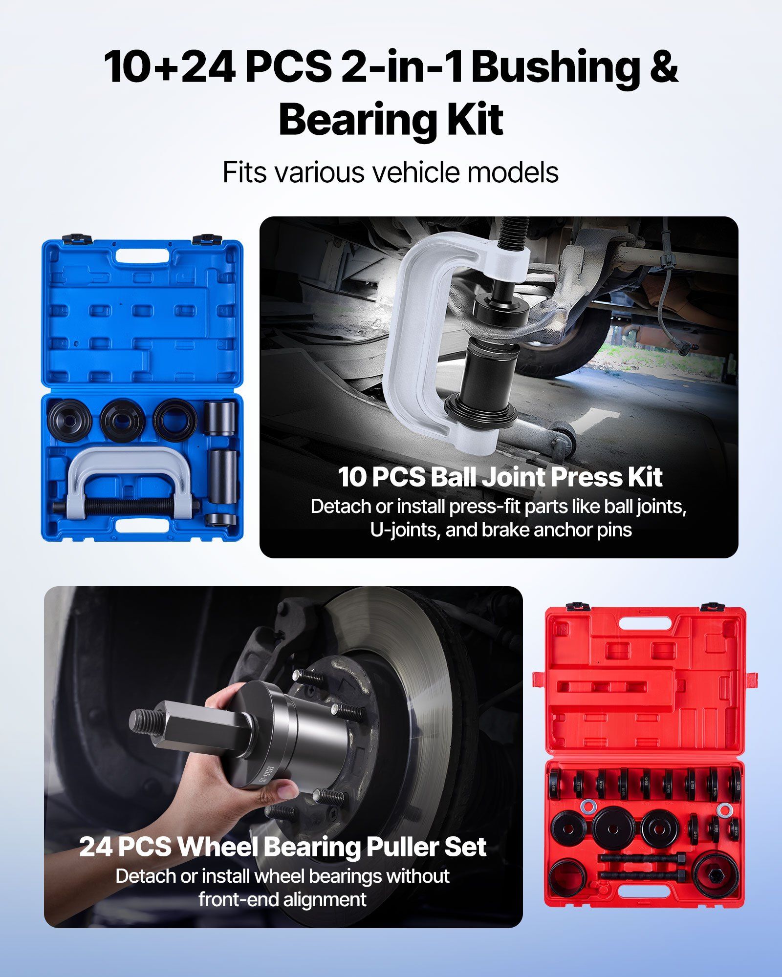 Bearing Press Kit, 10+24 Pcs, 2 in 1 Ball Joint Press & Wheel Bearing Puller Kit, Race and Seal Driver Set with 13 Bushings, C-Frame and Sleeves, Heavy Duty Removal Installation Set with Case - Image 2