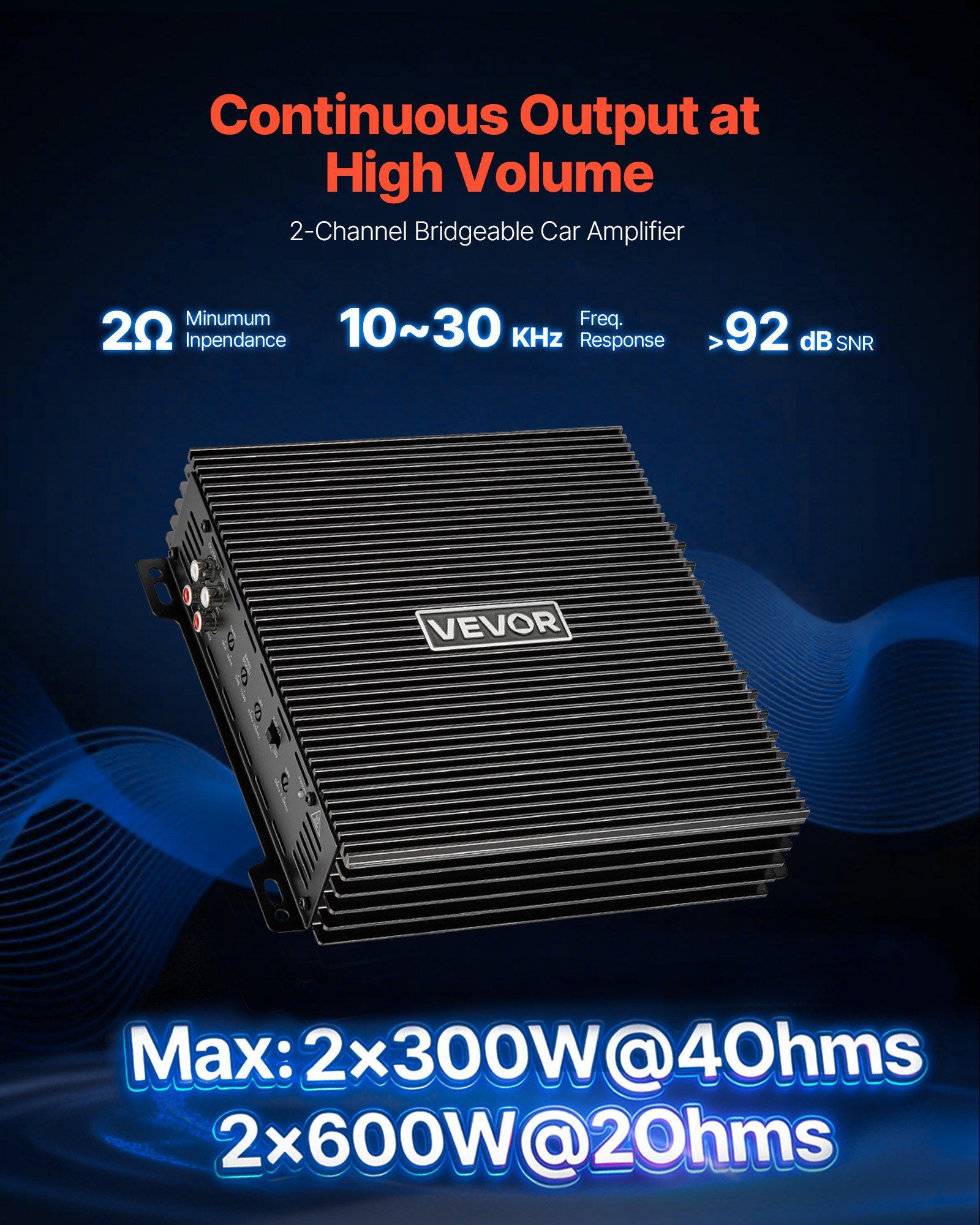Car Audio Amplifier, 2-Channel Bridgeable Car Amplifier, Full-Range Class AB Stereo Amp, Max. 2 x 300W at 4 Ohms / 2 x 600W at 2 Ohms, High Output, for SUVs, Pickups, and Off-Road Vehicles - Image 2