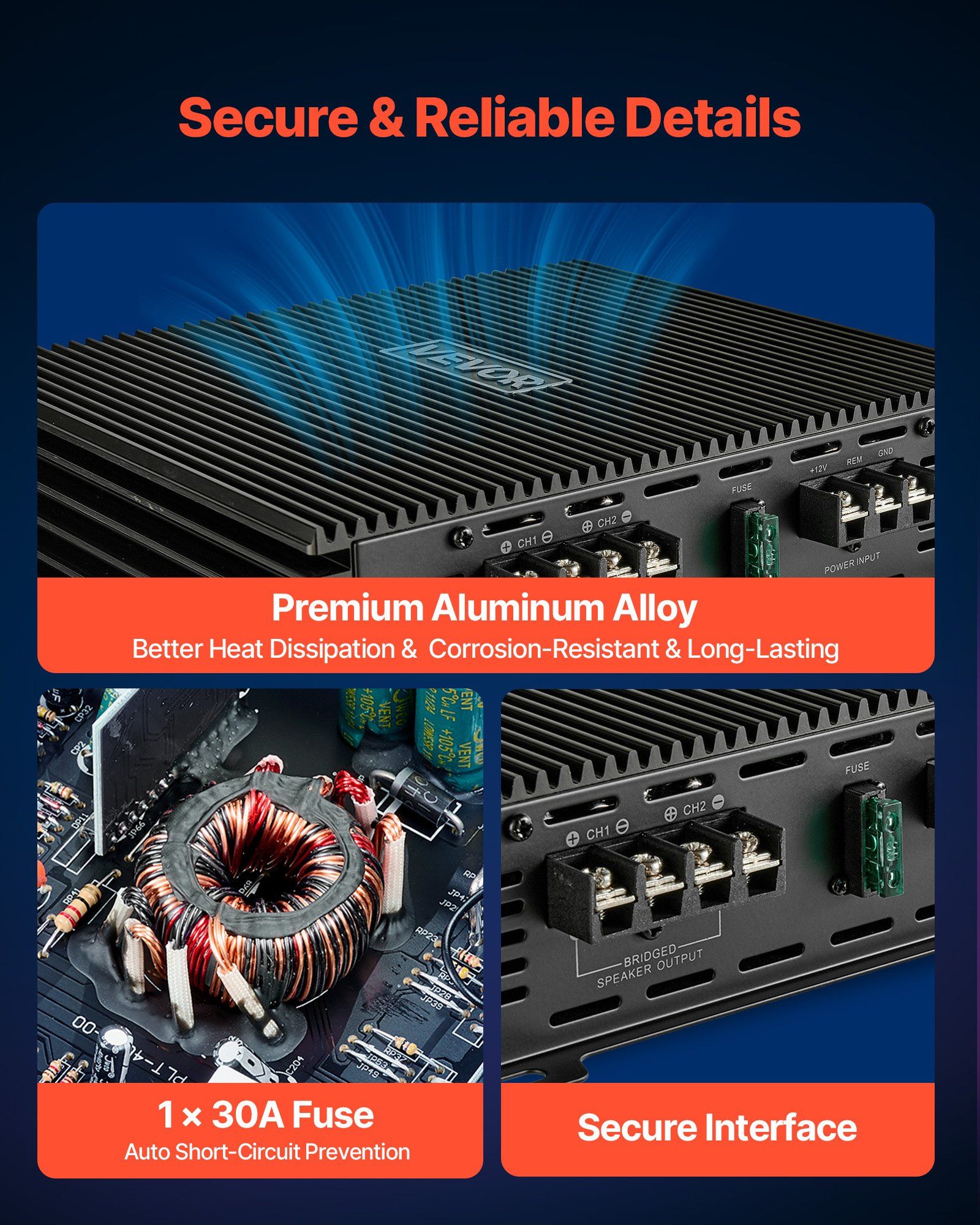 Car Audio Amplifier, 2-Channel Bridgeable Car Amplifier, Full-Range Class AB Stereo Amp, Max. 2 x 300W at 4 Ohms / 2 x 600W at 2 Ohms, High Output, for SUVs, Pickups, and Off-Road Vehicles - Image 5