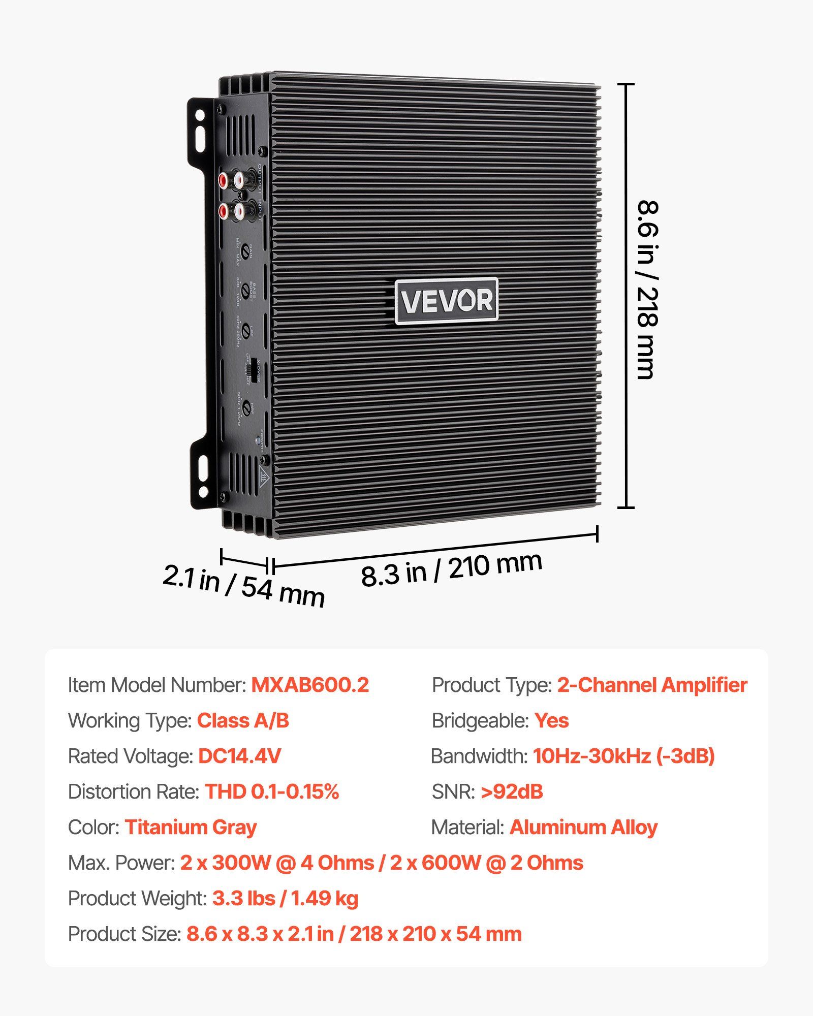 Car Audio Amplifier, 2-Channel Bridgeable Car Amplifier, Full-Range Class AB Stereo Amp, Max. 2 x 300W at 4 Ohms / 2 x 600W at 2 Ohms, High Output, for SUVs, Pickups, and Off-Road Vehicles - Image 7
