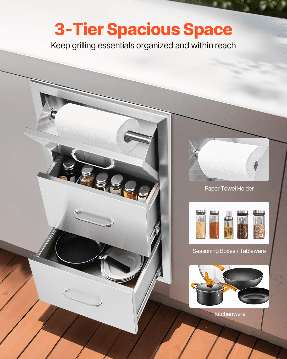 Flush triple access drawer raised style height triple drawer, 76 x 43 cm,stainless steel - Image 2